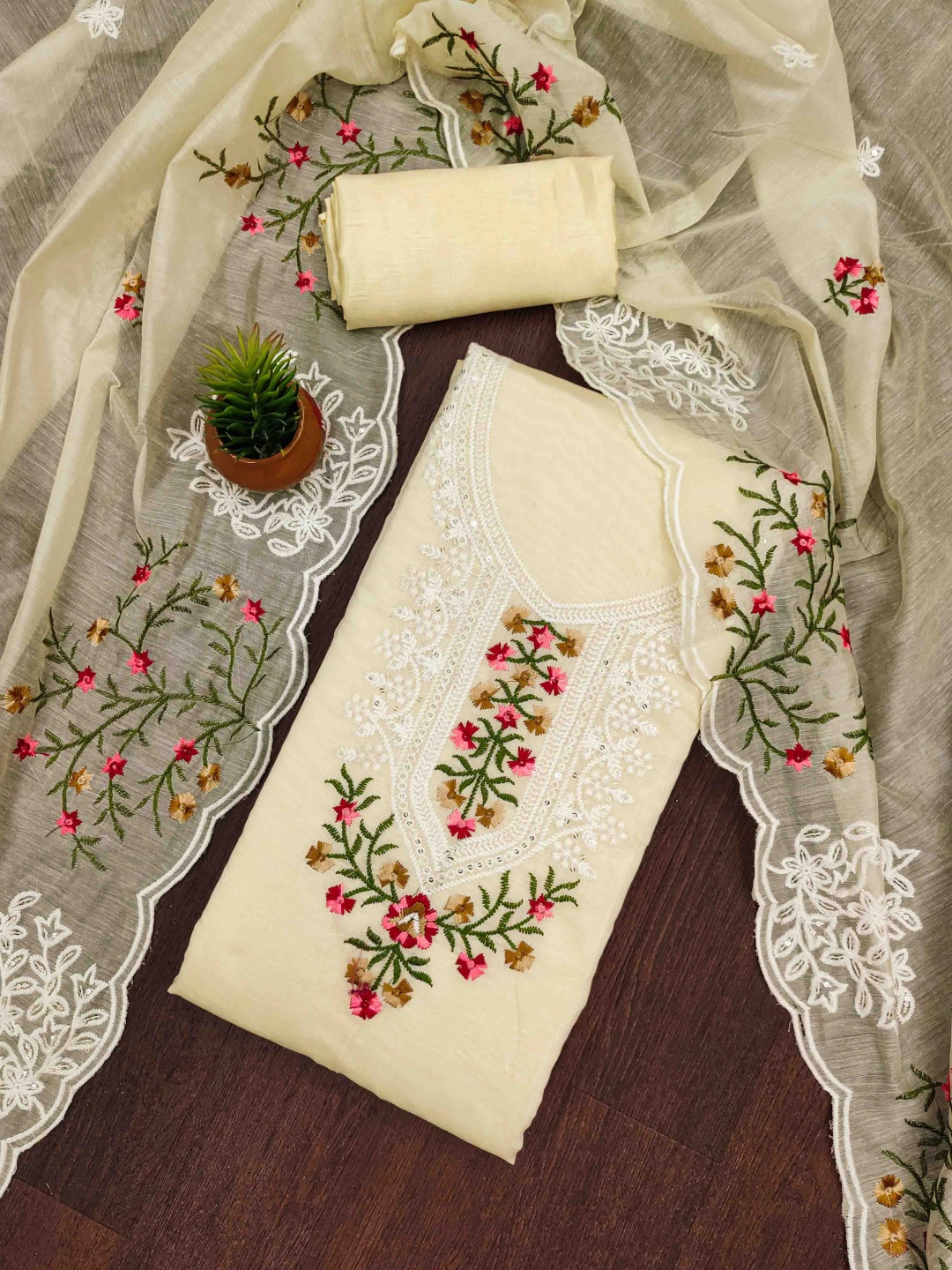 

Blissta Floral Embroidered Chanderi Cotton Unstitched Dress Material, Cream