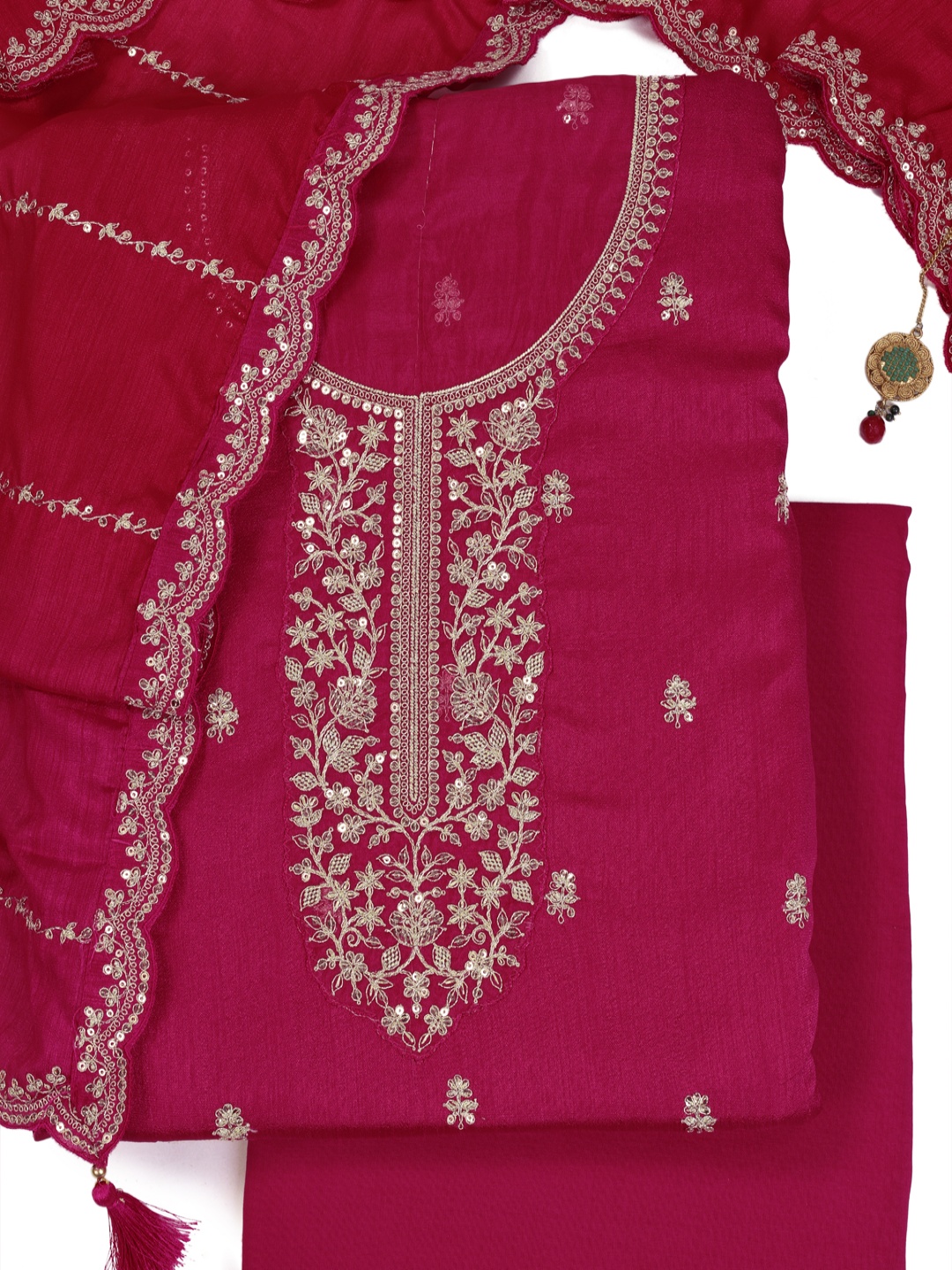 

KULEESH Floral Embroidered Silk Georgette Unstitched Dress Material, Red