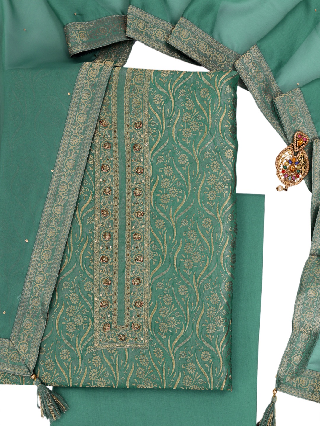 

KULEESH Floral Woven Design Sequinned Tissue Jacquard Unstitched Dress Material, Sea green