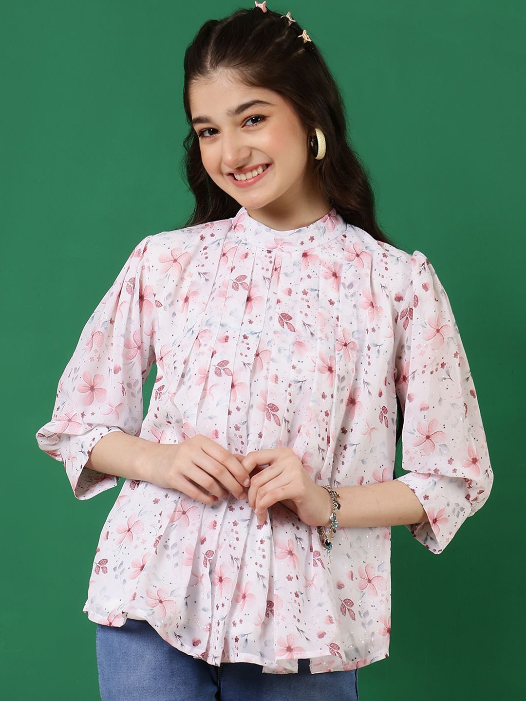 

Ishti Floral Print Mandarin Collar Top, Peach