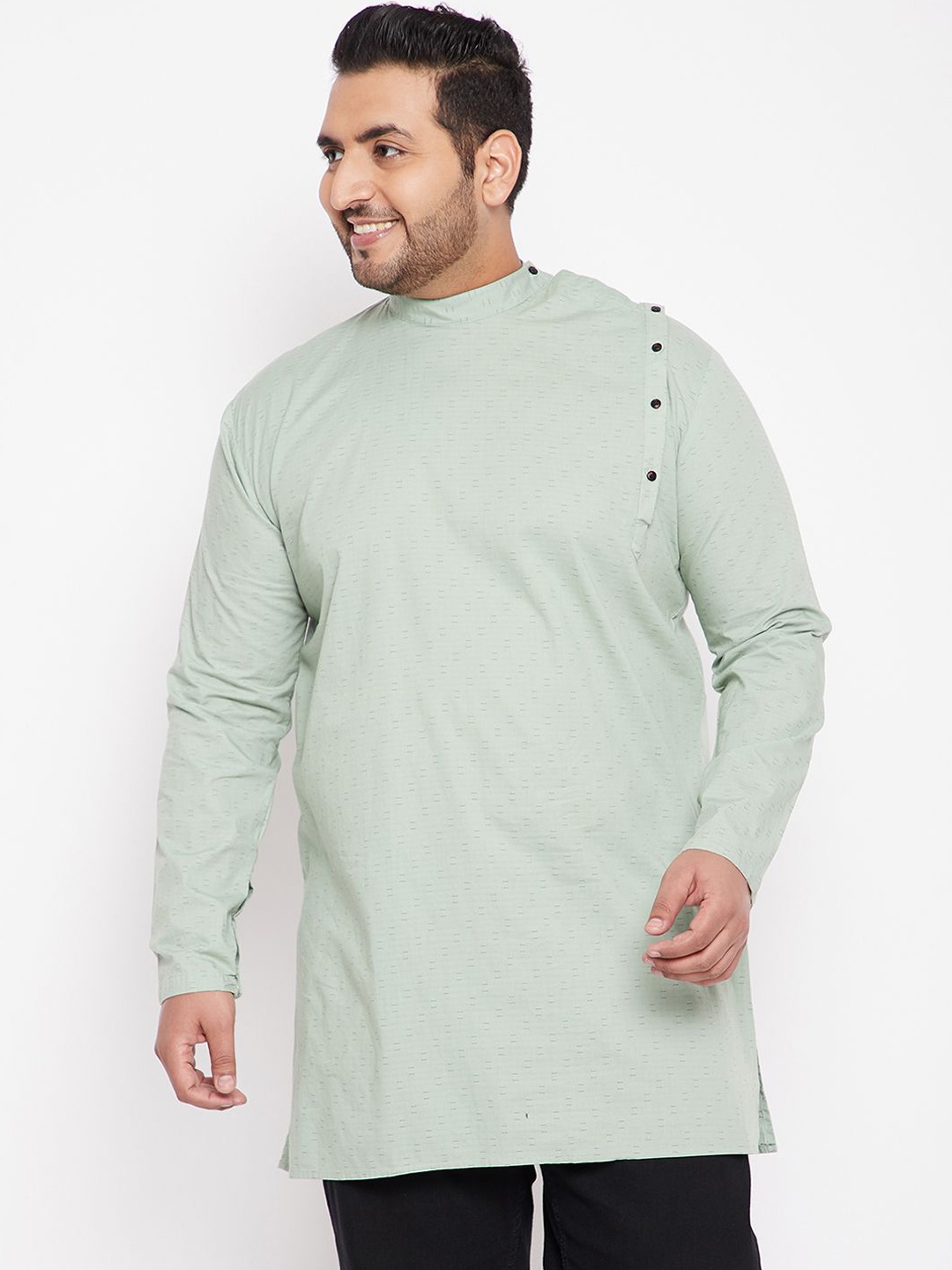 

SHOWOFF Plus Size Geometric Printed Band Collar Straight Short Kurtas, Green
