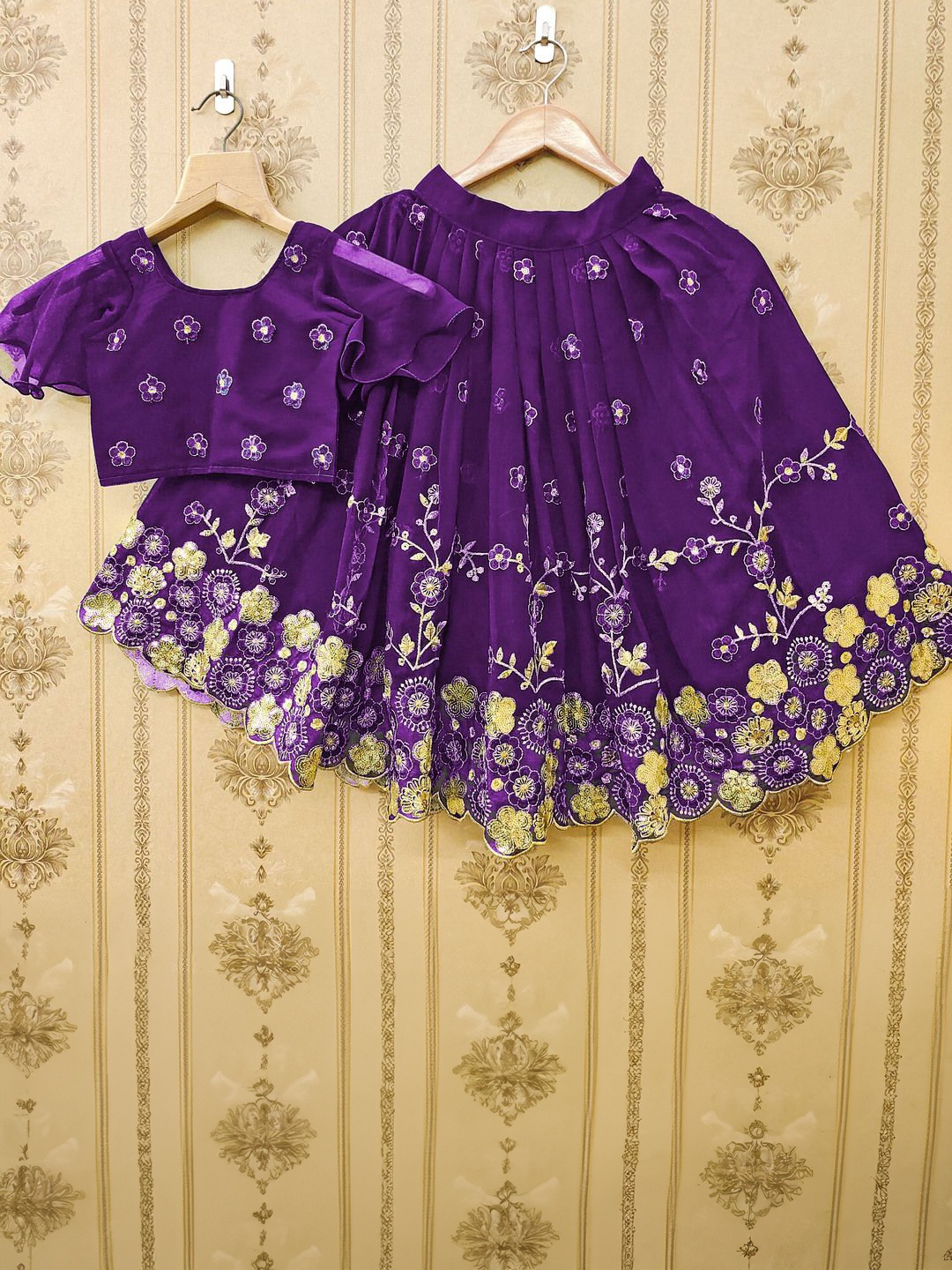 

BAESD Girls Floral Embroidered Sequinned Georgette Ready to Wear Lehenga &, Purple