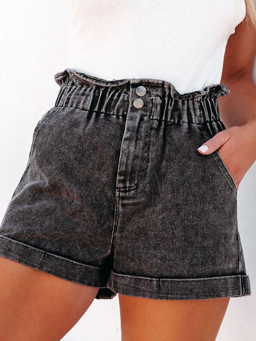 

Errabelly Women Black Vintage Washed Frilled High Waist Denim Shorts