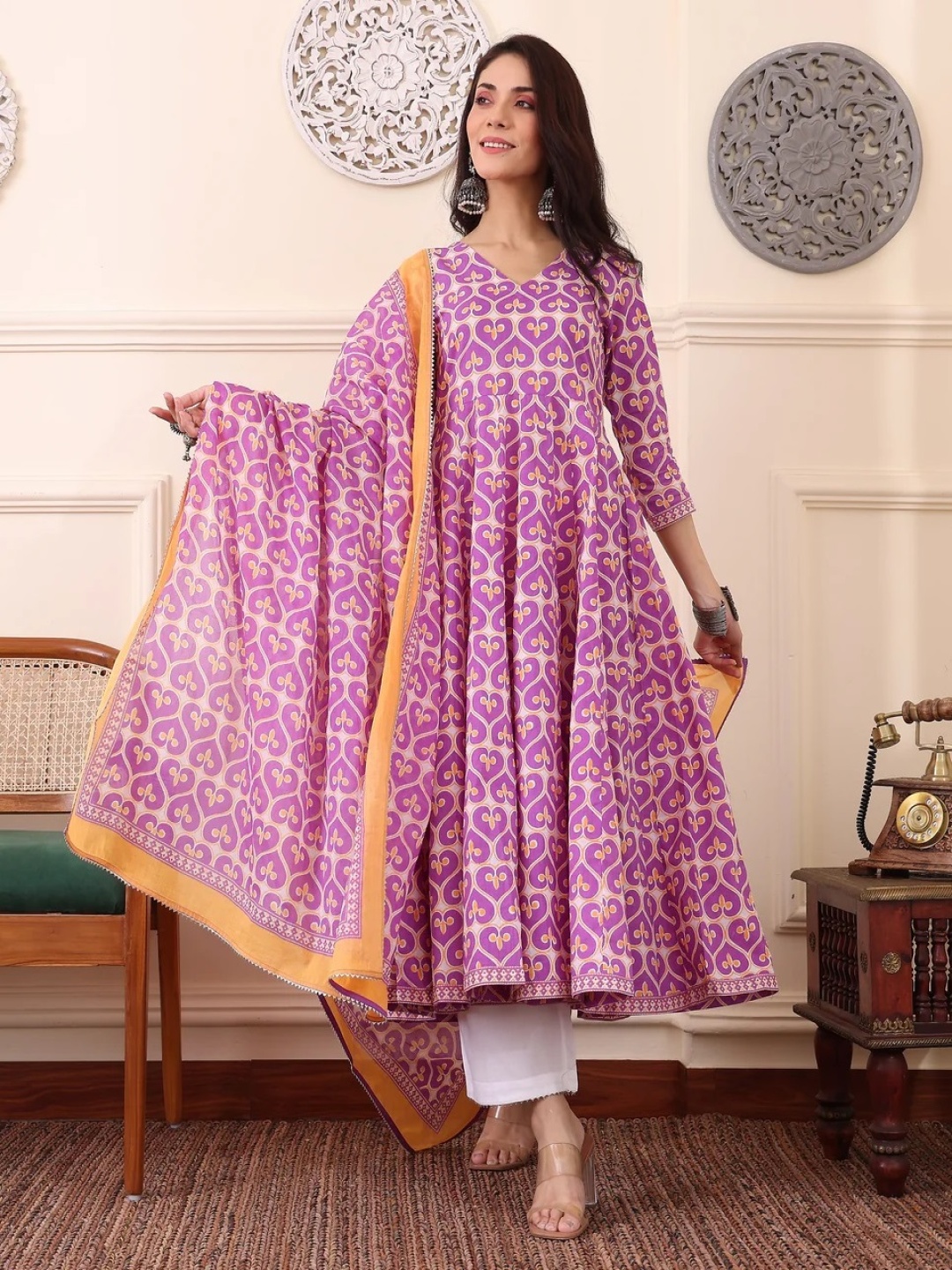 

KALINI Ethnic Motifs Printed V-Neck Anarkali Kurta With Trousers And Dupatta, Purple
