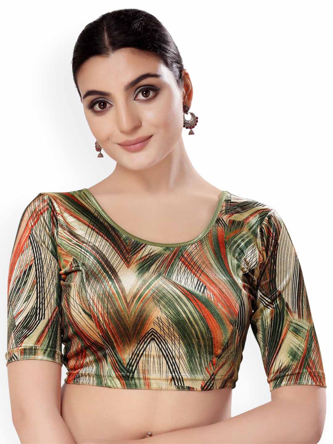 

Mmore Printed Stretchable Saree Blouse, Green