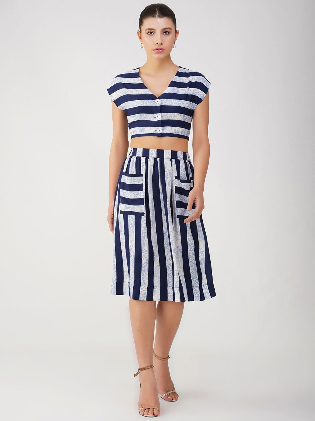 

HERE&NOW Striped V-Neck Crop Top & A-Line Skirt, Blue