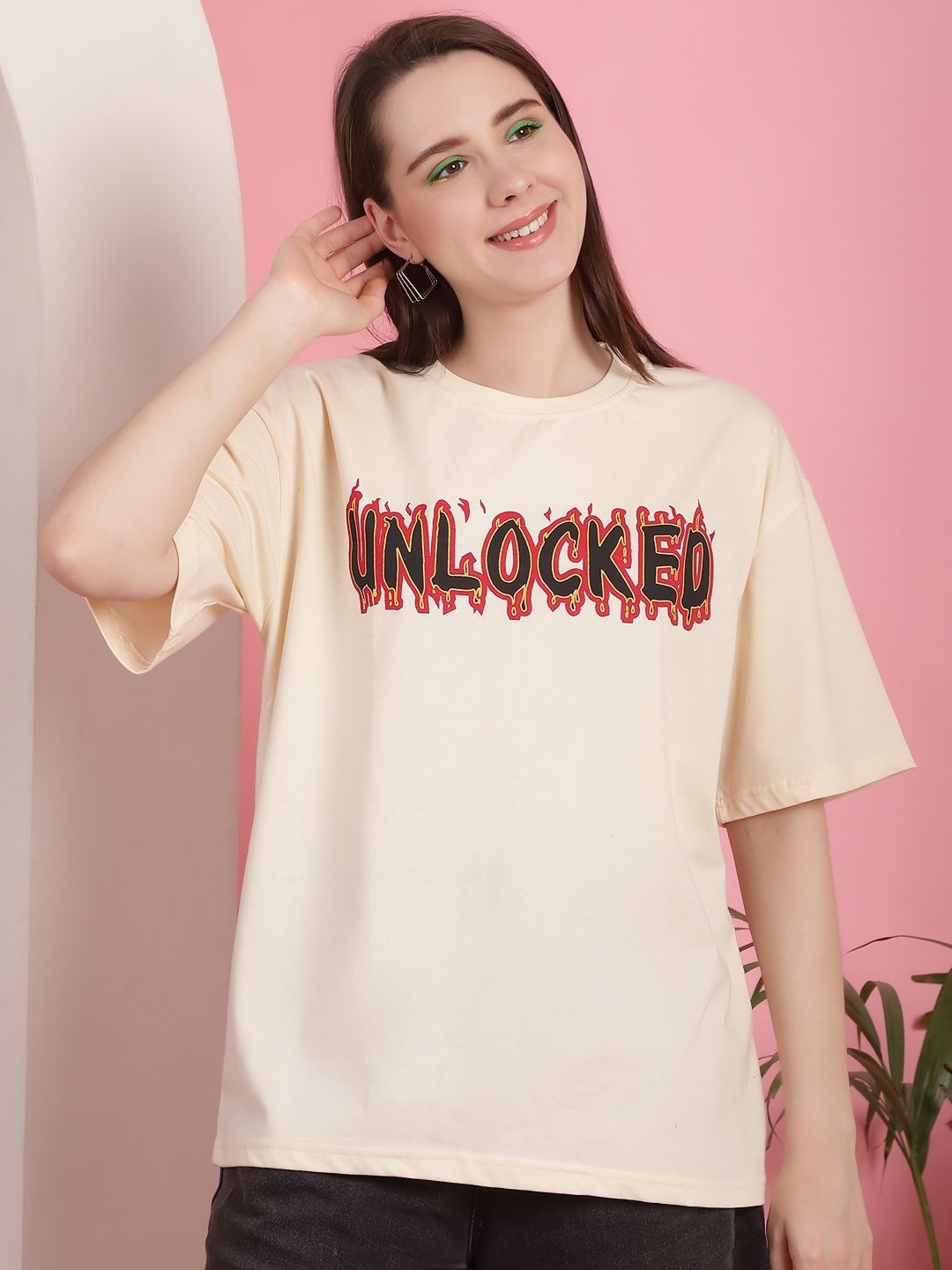 

Dreambe Women Typography Printed Round Neck Cotton Oversized T-shirt, Beige
