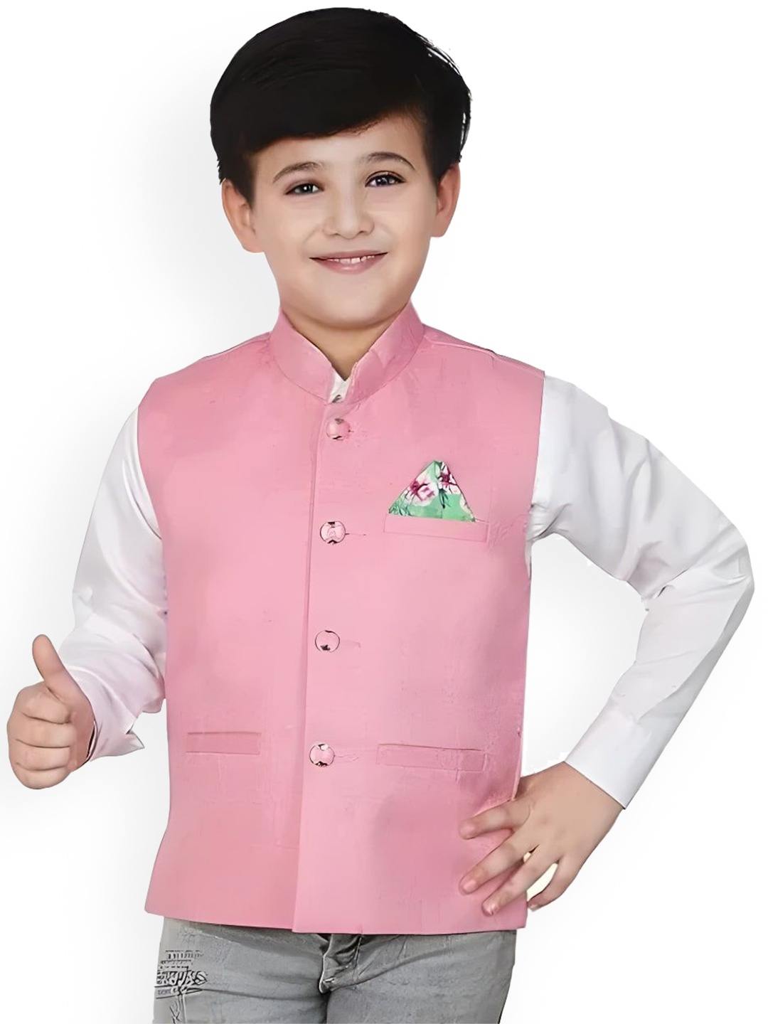

Qitty Boys Stand Collar Jute Cotton Nehru Jacket, Pink