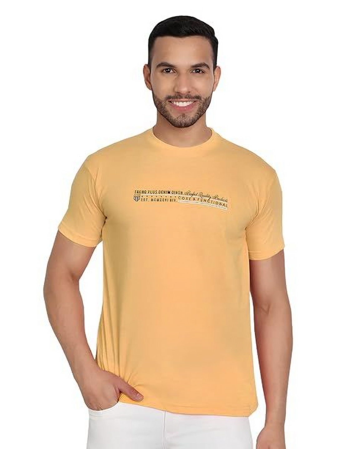 

BAESD Men Typography Printed Round Neck Cotton Slim Fit T-shirt, Yellow