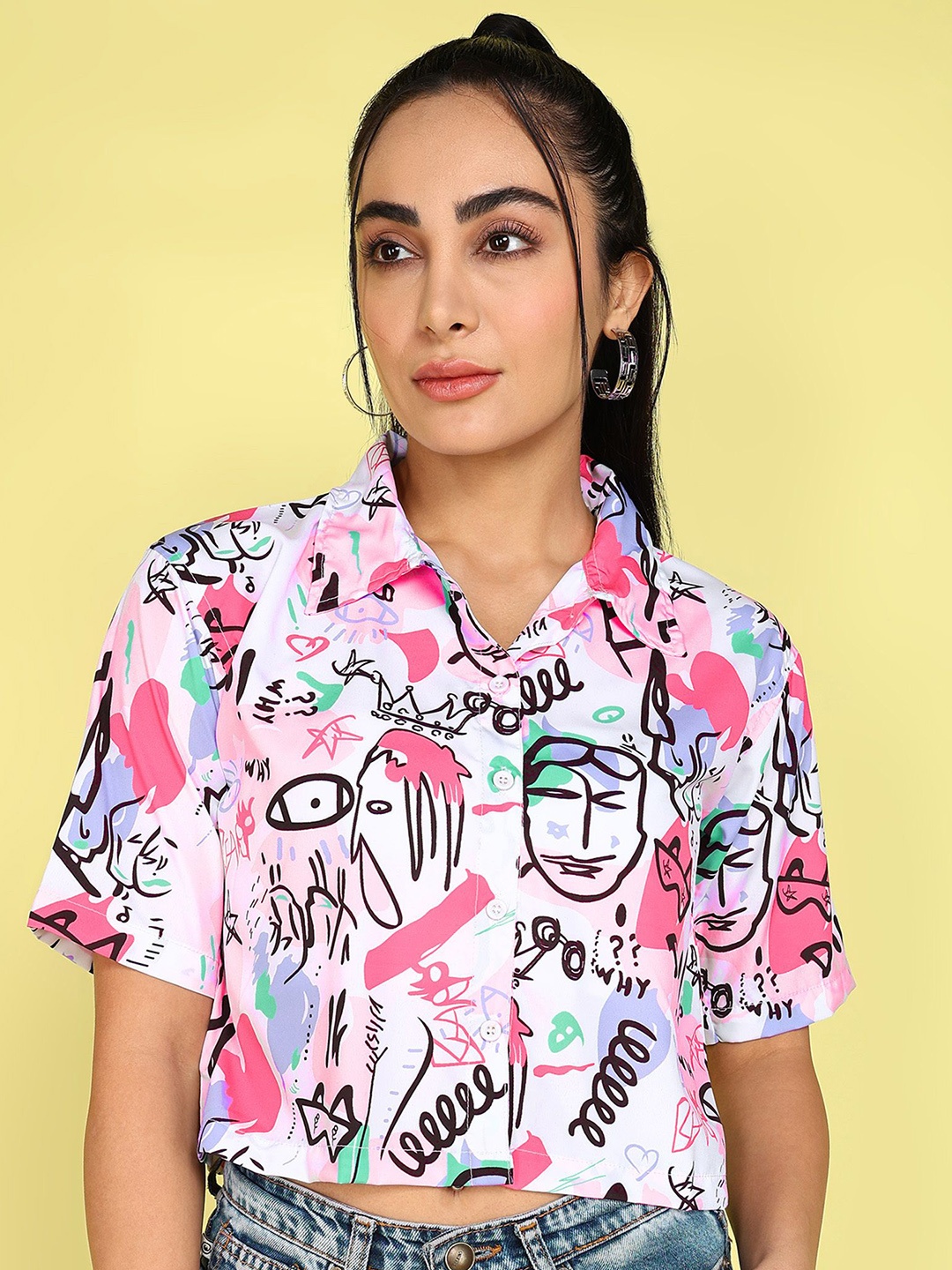 

KASHIAN Women Boxy Fit Spread Collar Graphic Printed Cotton Casual Shirt, Pink