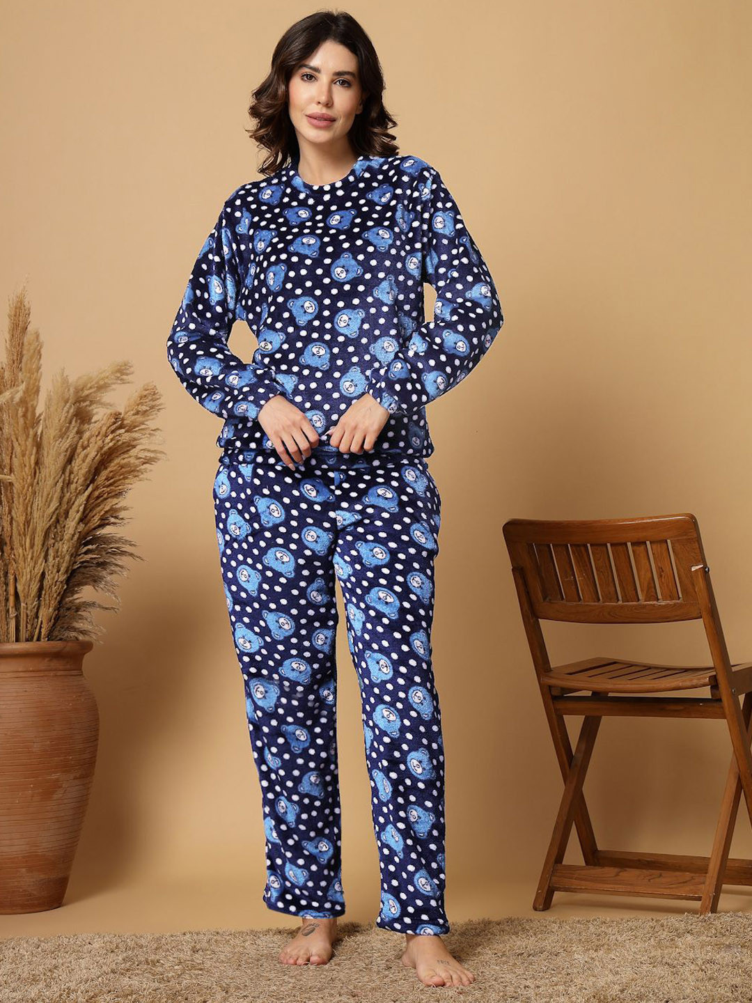 

FABINALIV Women Printed Night suit, Navy blue