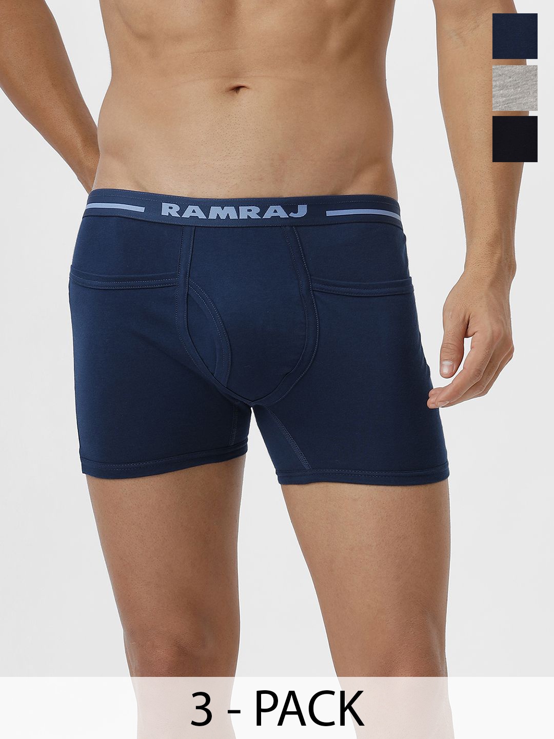 

Ramraj Men Pack of 3 Solid Low Rise Cotton Fine Jersey Plus Size Target Trunks, Navy blue
