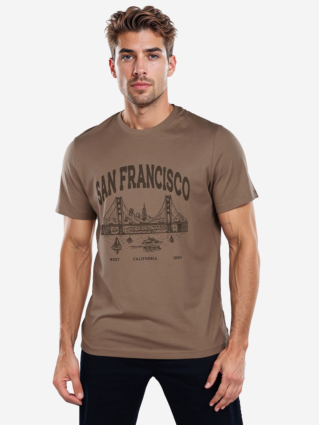 

Celio Men Typography Printed Round Neck Cotton T-shirt, Brown