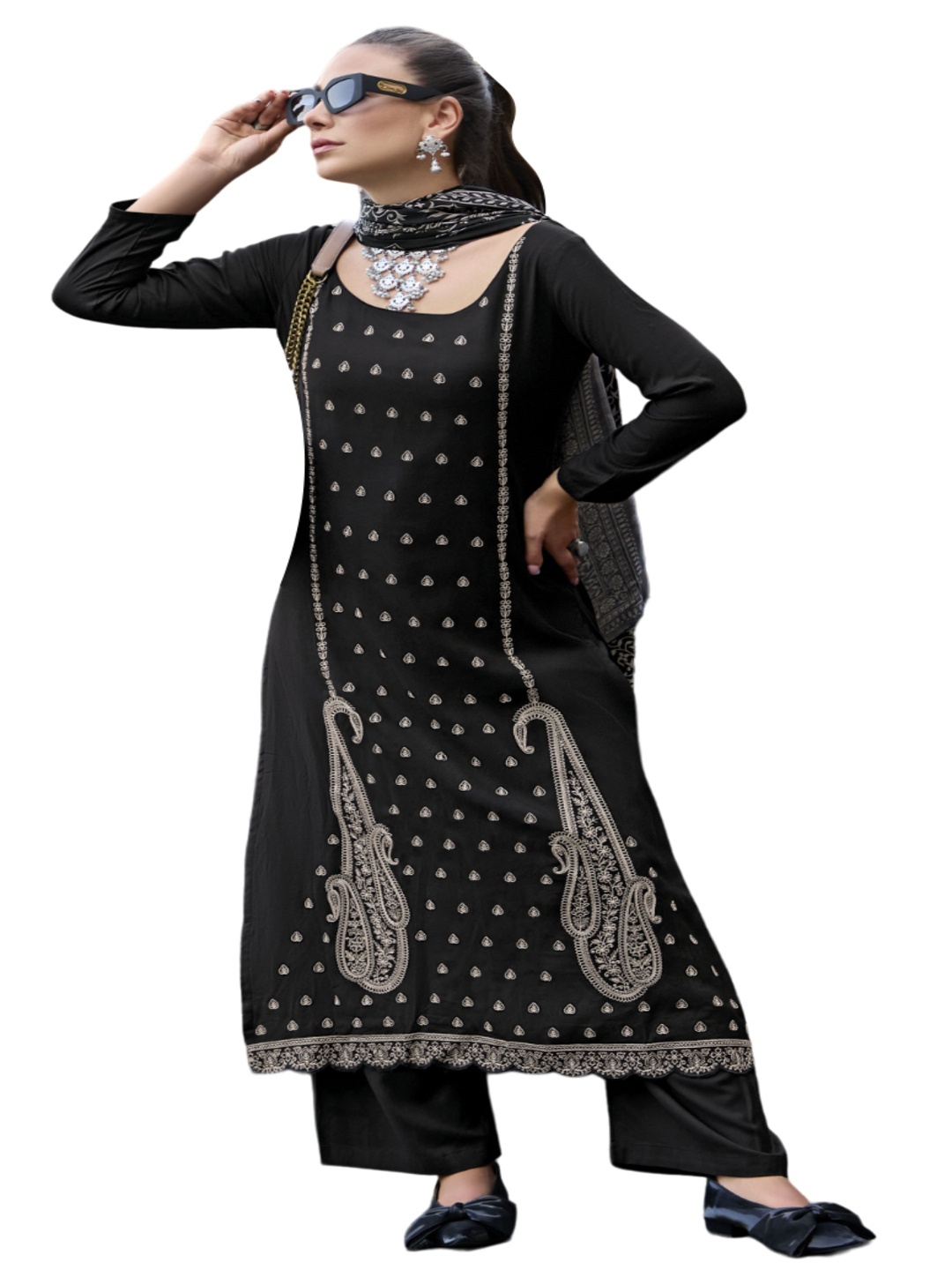 

DRAVINAM Trends Paisley Embroidered Unstitched Dress Material, Black