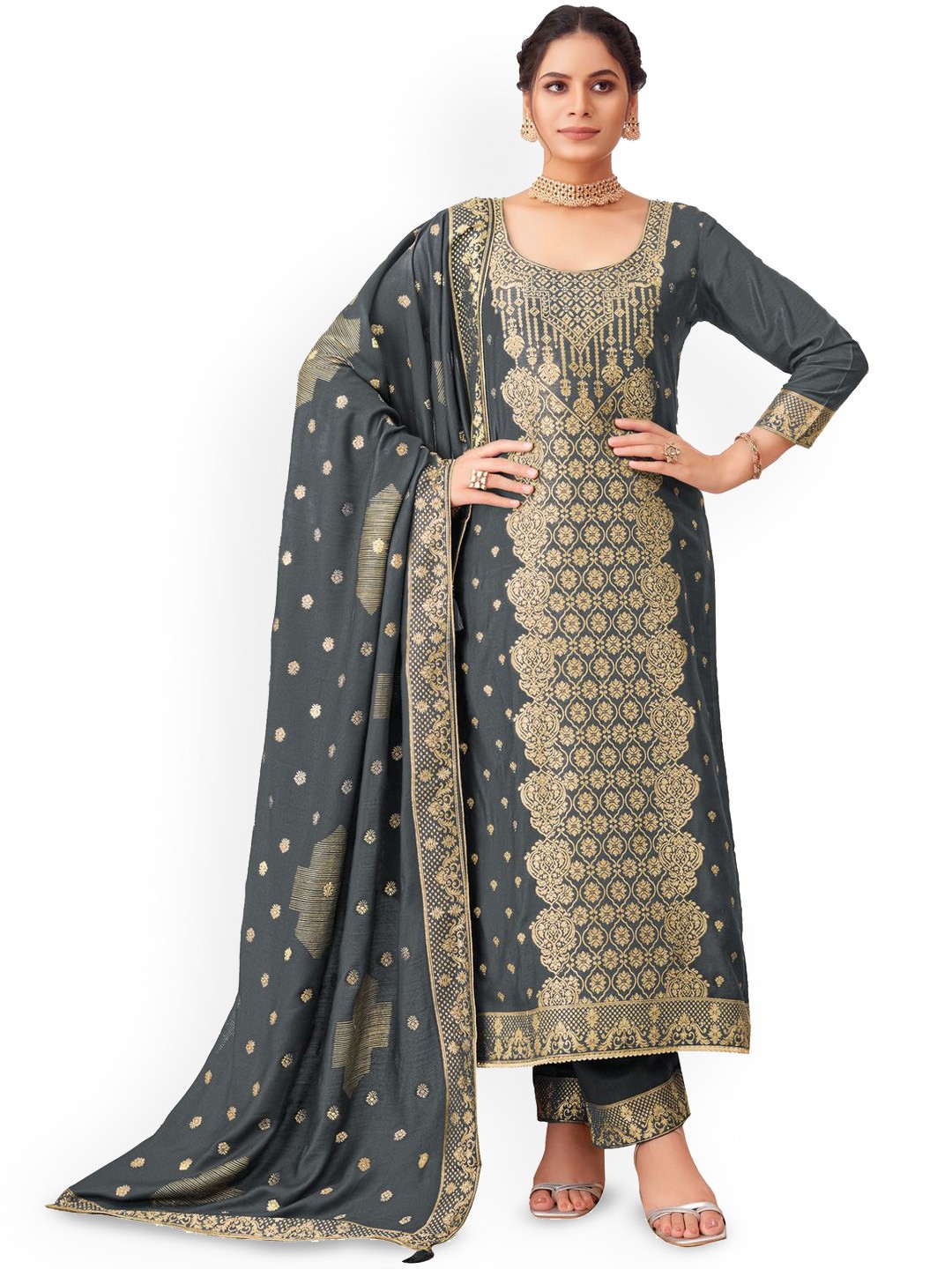

DRAVINAM Trends Ethnic Motifs Woven Design Unstitched Dress Material, Grey