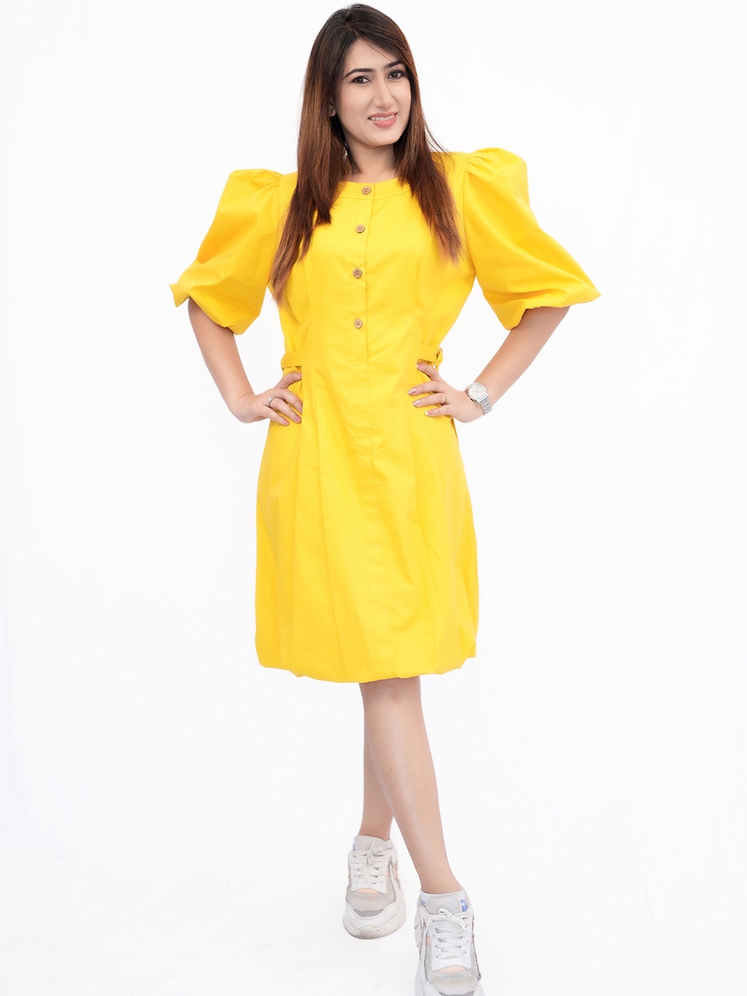 

BELLO DONA CLOTHING Puff Sleeve A-Line Dress, Yellow