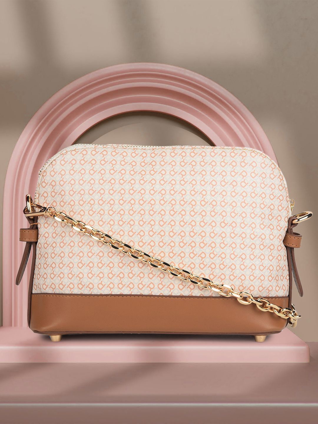 

Marie Claire Women Typography Printed Structured Sling Bag, Beige