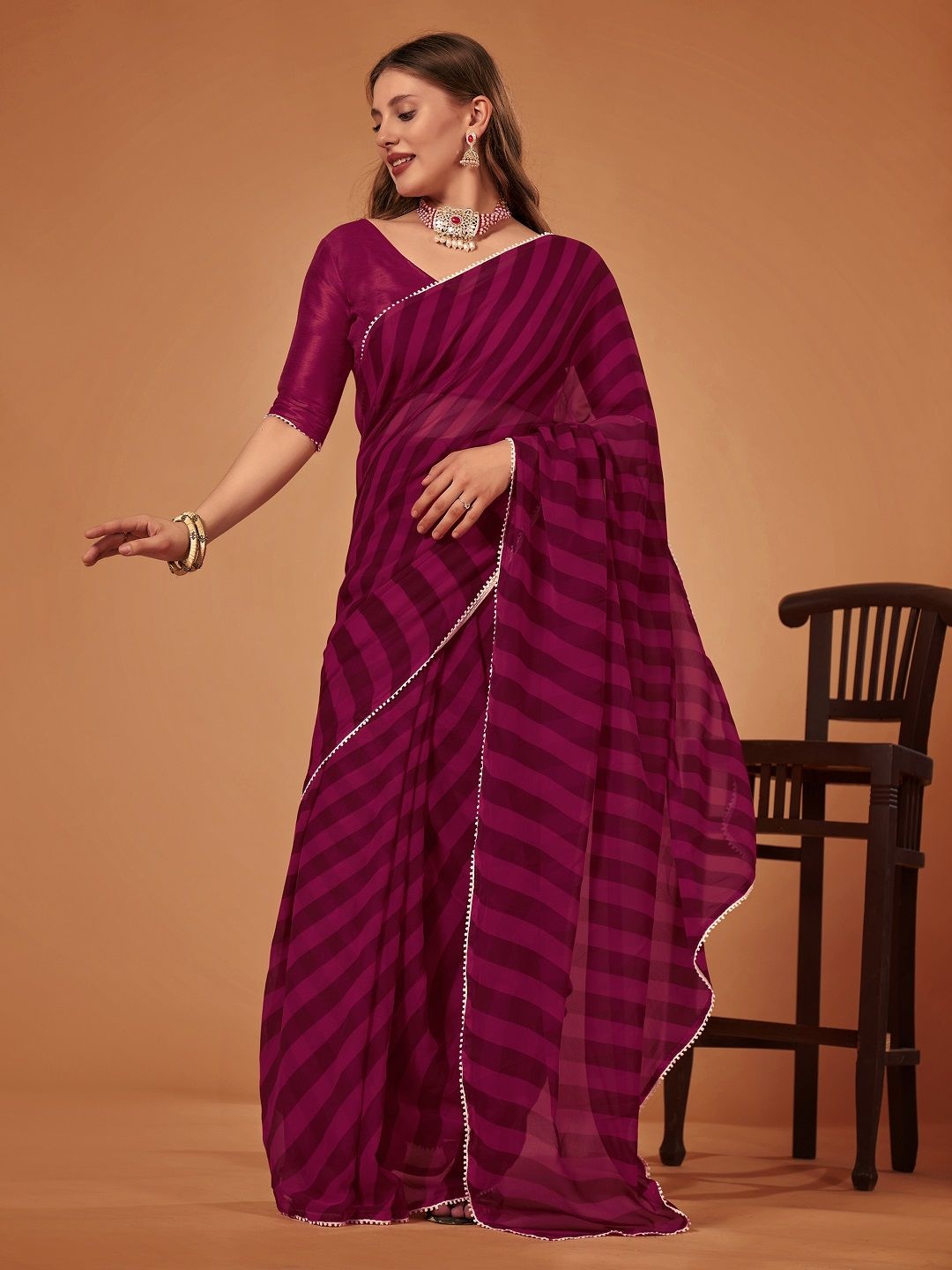 

Moda Rapido Striped Pure Georgette Ready to Wear Leheriya Saree, Purple