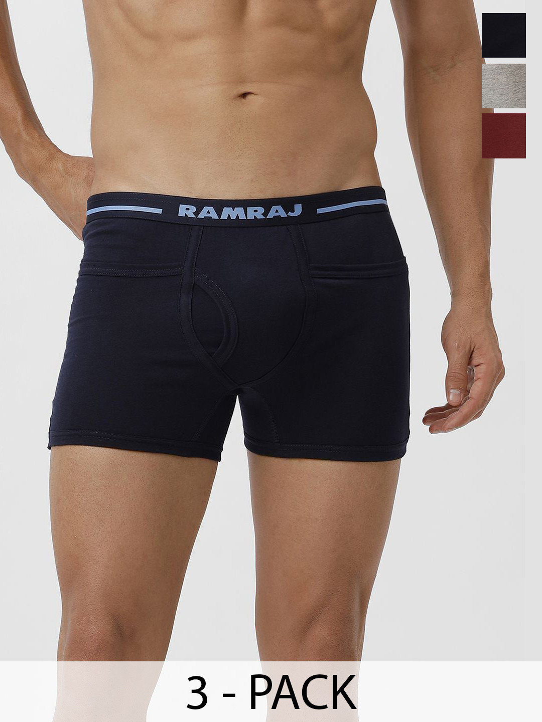 

Ramraj Men Pack of 3 Solid Low Rise Cotton Fine Jersey Plus Size Target Trunks, Navy blue