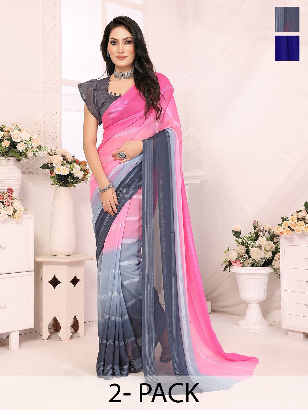 

Moda Rapido Set of Satin Finish Striped Sarees, Pink