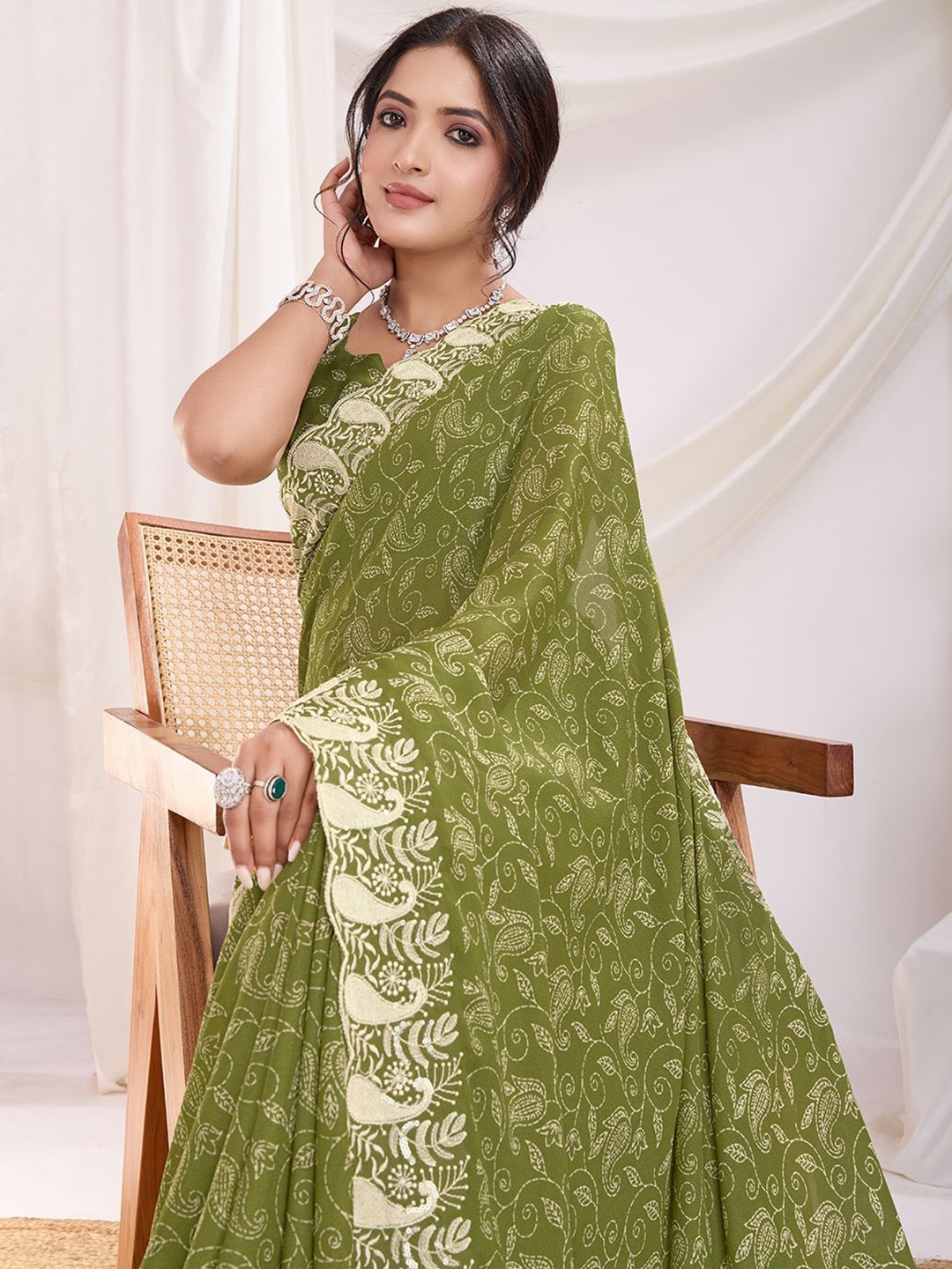 

Mitera Paisley Embroidered Poly Georgette Saree, Olive
