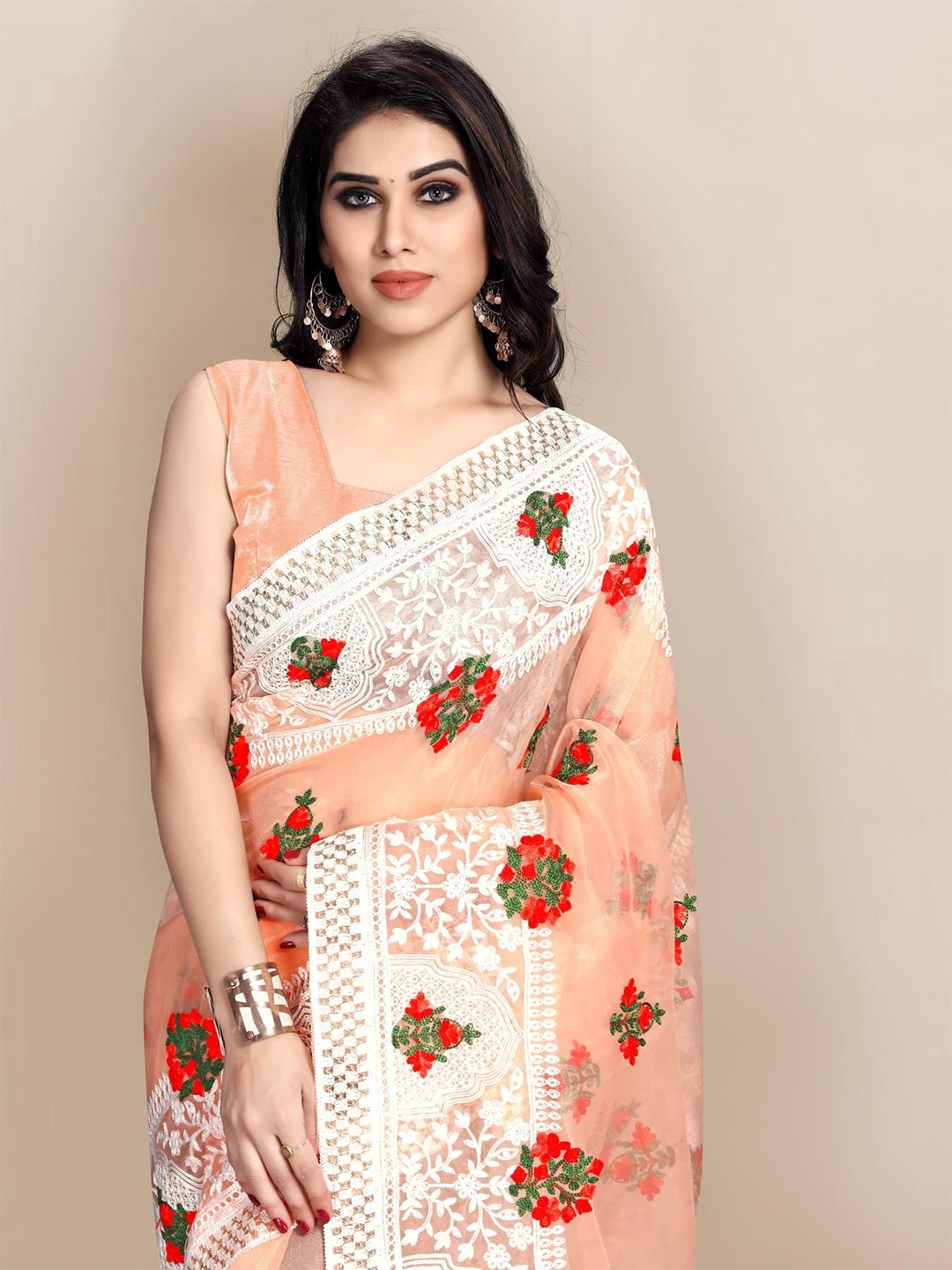 

HERE&NOW Floral Embroidered Organza Saree, Peach