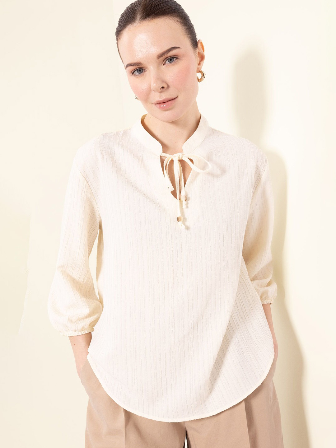 

DeFacto Women Solid Mandarin Collar Relaxed Fit Casual Top, Beige