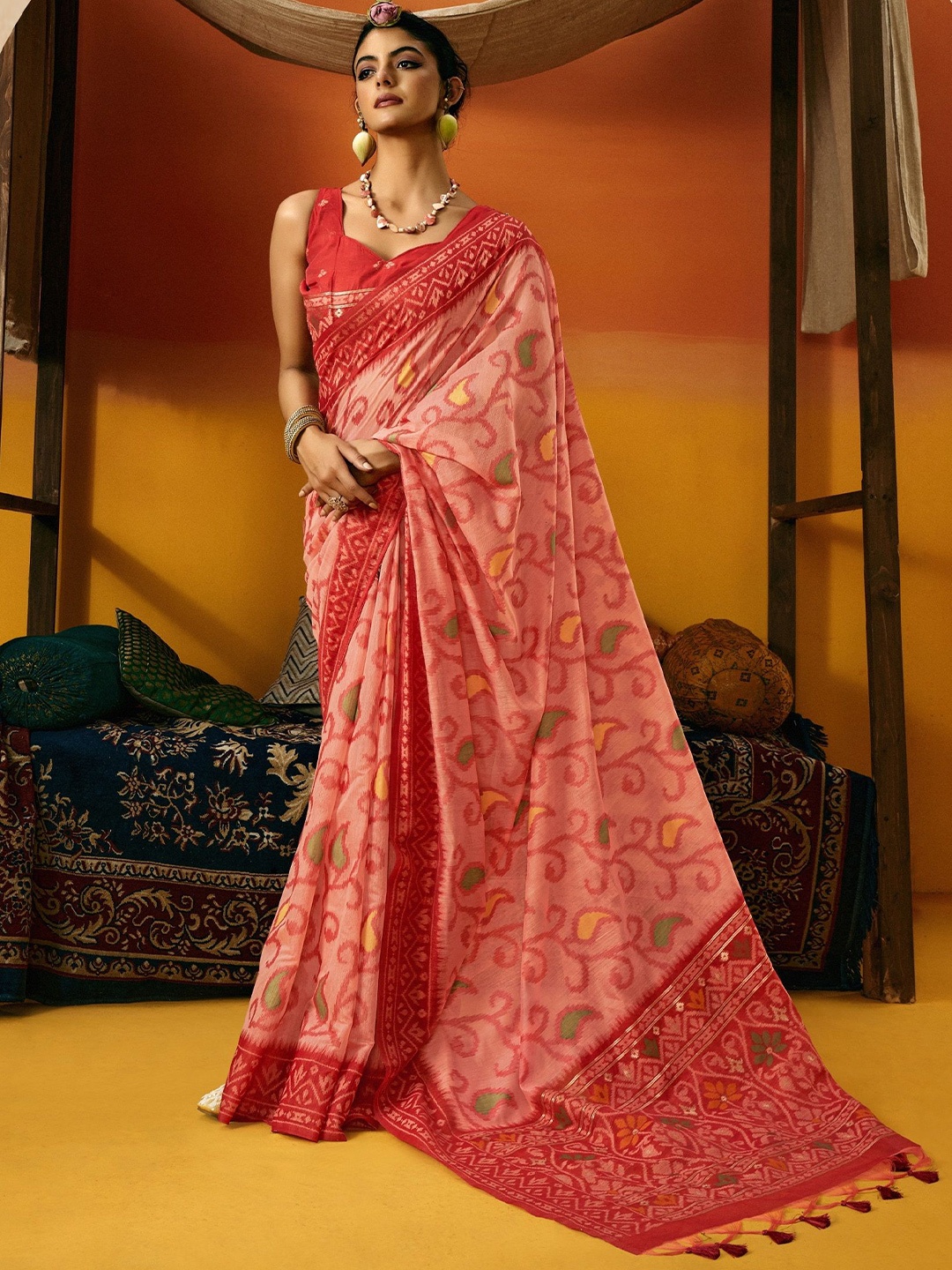 

MAHALASA Ethnic Motifs Pure Cotton Jamdani Saree with blouse piece, Red
