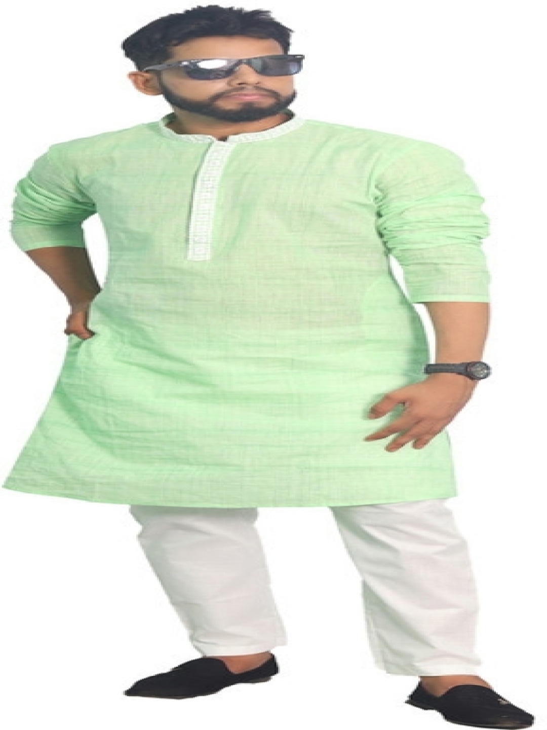 

House of Aqss Mandarin Collar Thread Work Pure Cotton Straight Kurta With Pyjamas, Green