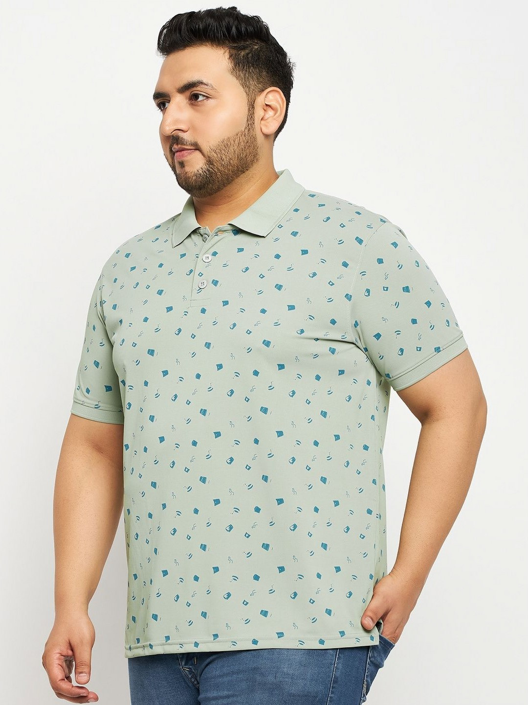

AUXAMIS Men Plus Size Conversational Printed Polo Collar Cotton T-shirt, Sea green