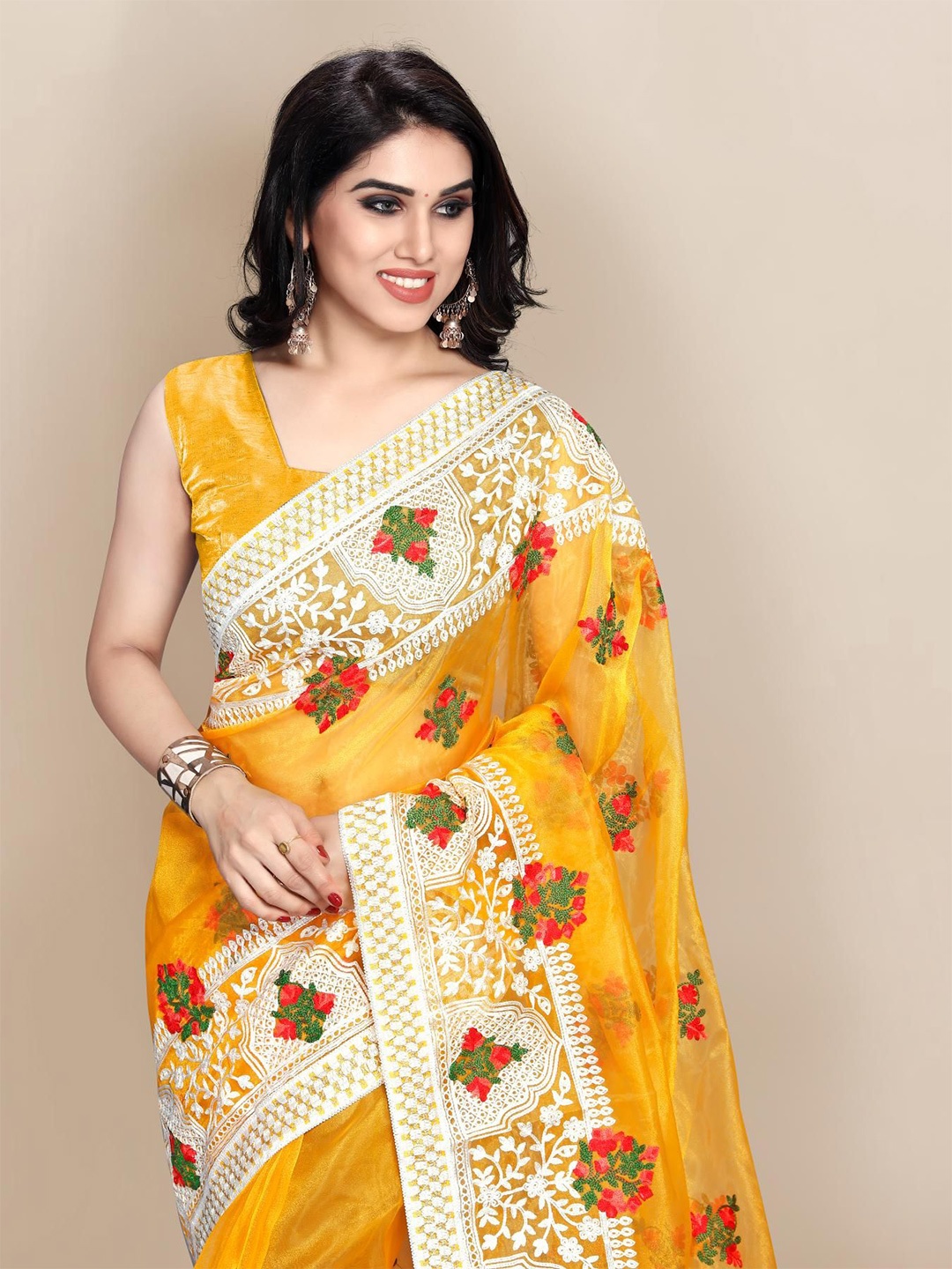 

HERE&NOW Floral Embroidered Organza Saree, Yellow