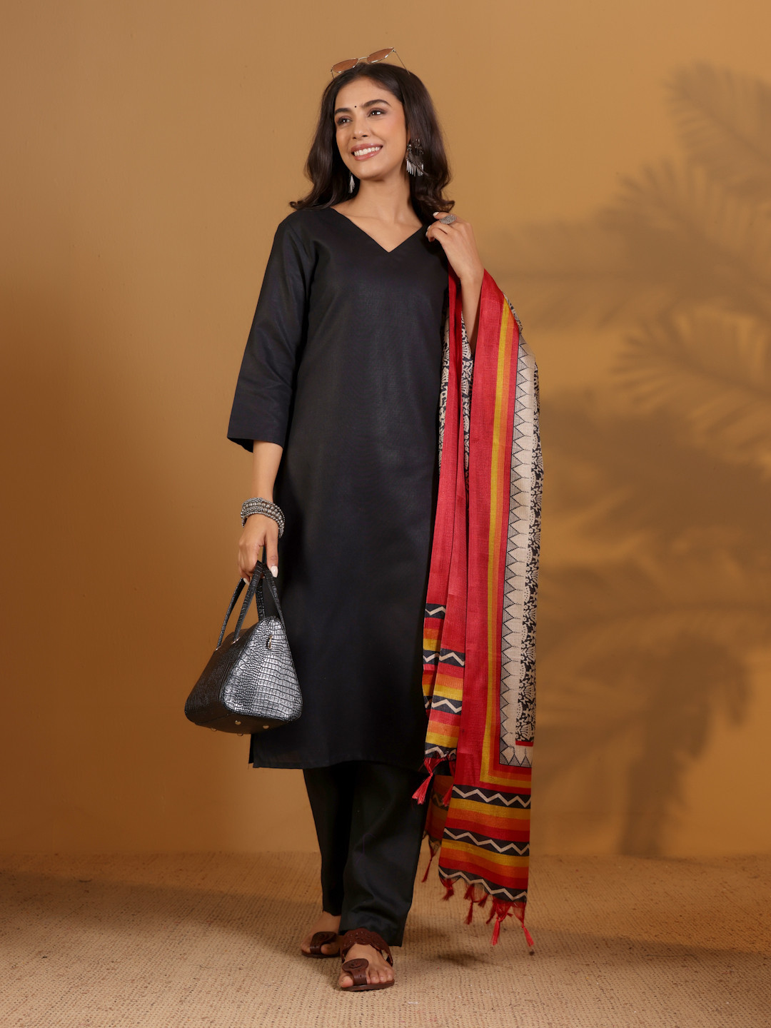 

Varanga V-Neck Straight Kurta With Trousers And Dupatta, Black