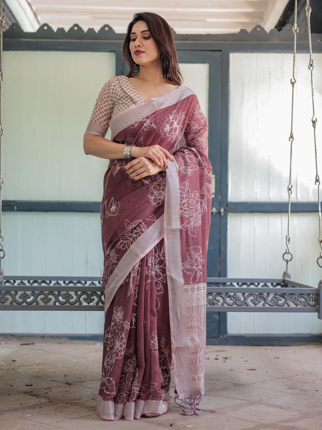 

ALMAARI FASHION Floral Pure Linen Banarasi Saree, Mauve