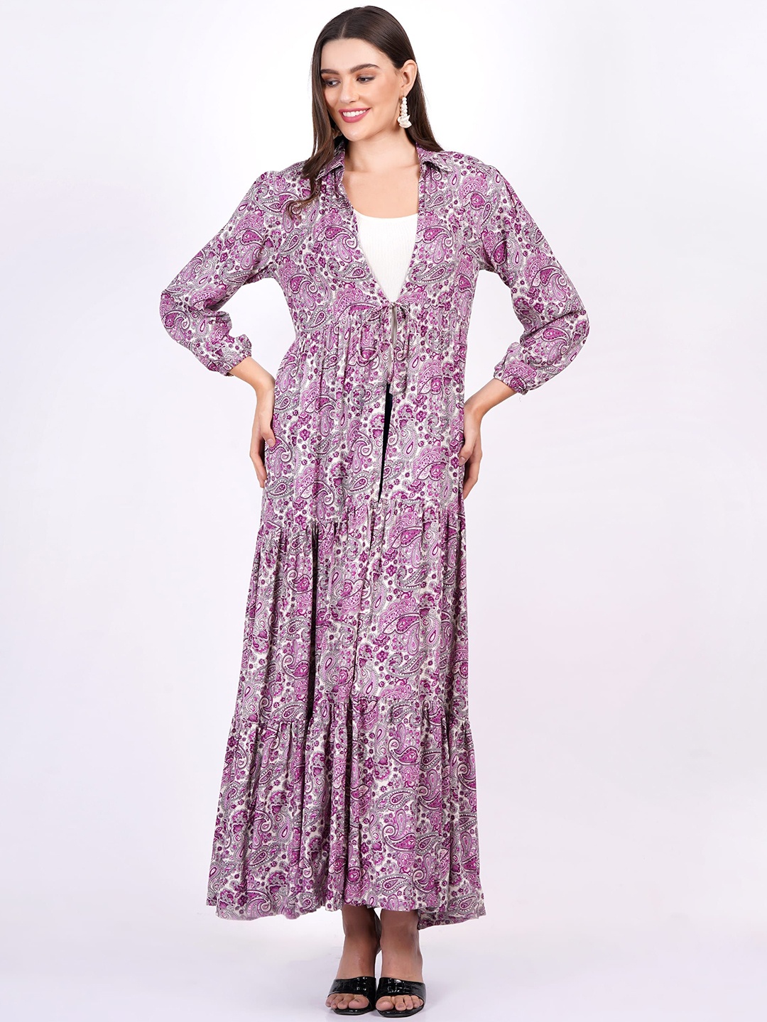 

SUFIZA LIFESTYLE Paisley Printed Longline Tie-Up Cotton Shrug, Purple