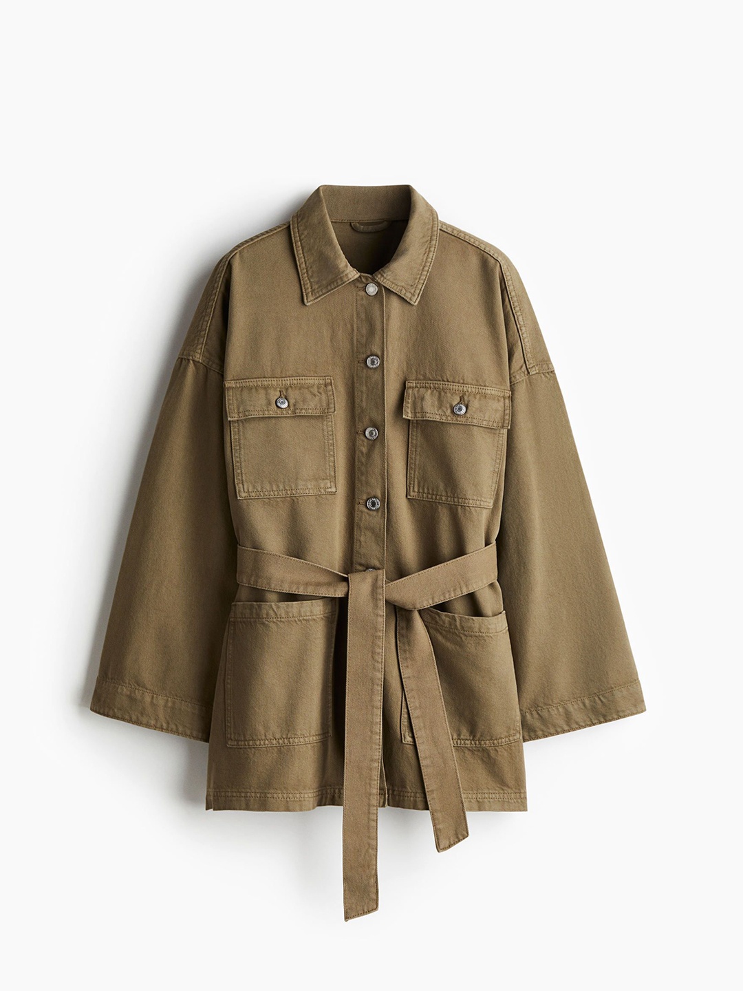 

H&M Tie-Belt Cotton Denim Jacket, Green