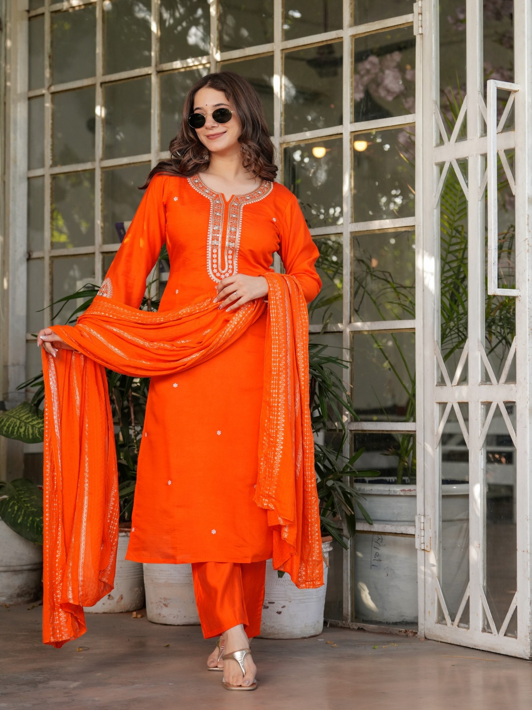 

Moda Rapido Floral Embroidered Notch Neck Sequinned Kurta With Trousers And Dupatta, Orange