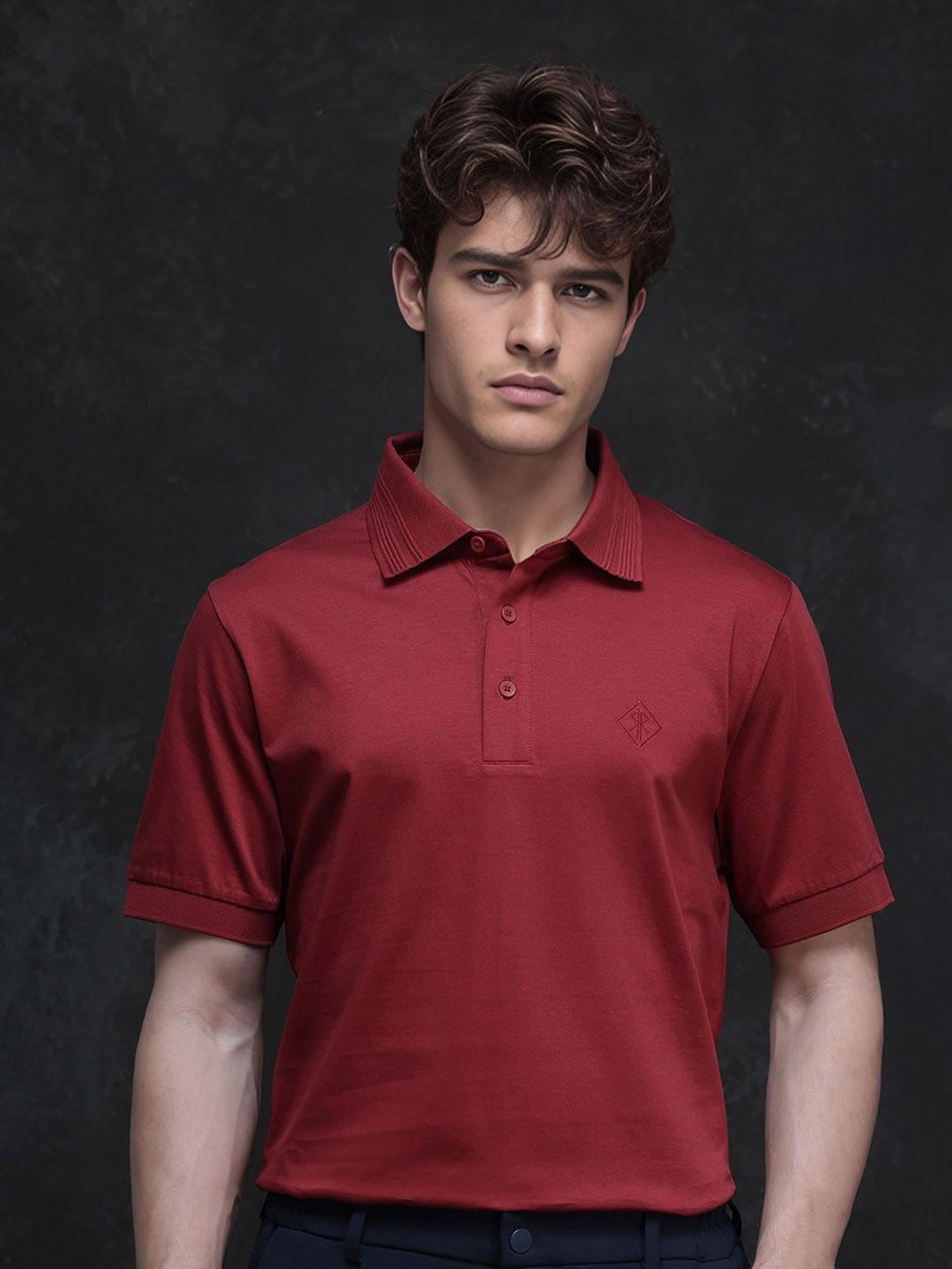 

RARE RABBIT Men Solid Polo Collar Cotton T-shirt, Red