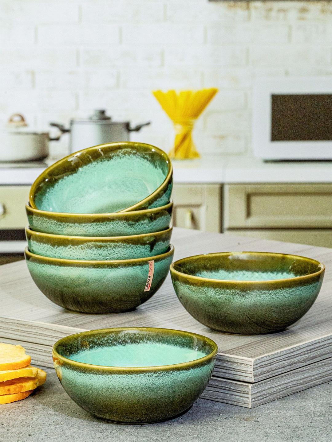 

GOODHOMES Green & Gold-Toned 6 Pieces Glossy Stoneware Veg Bowls