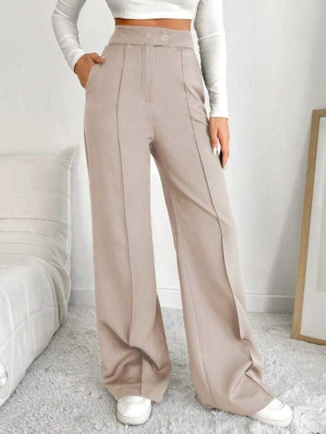 

Next One Women Smart Straight Fit High-Rise Easy Wash Pleated Korean Pant, Beige