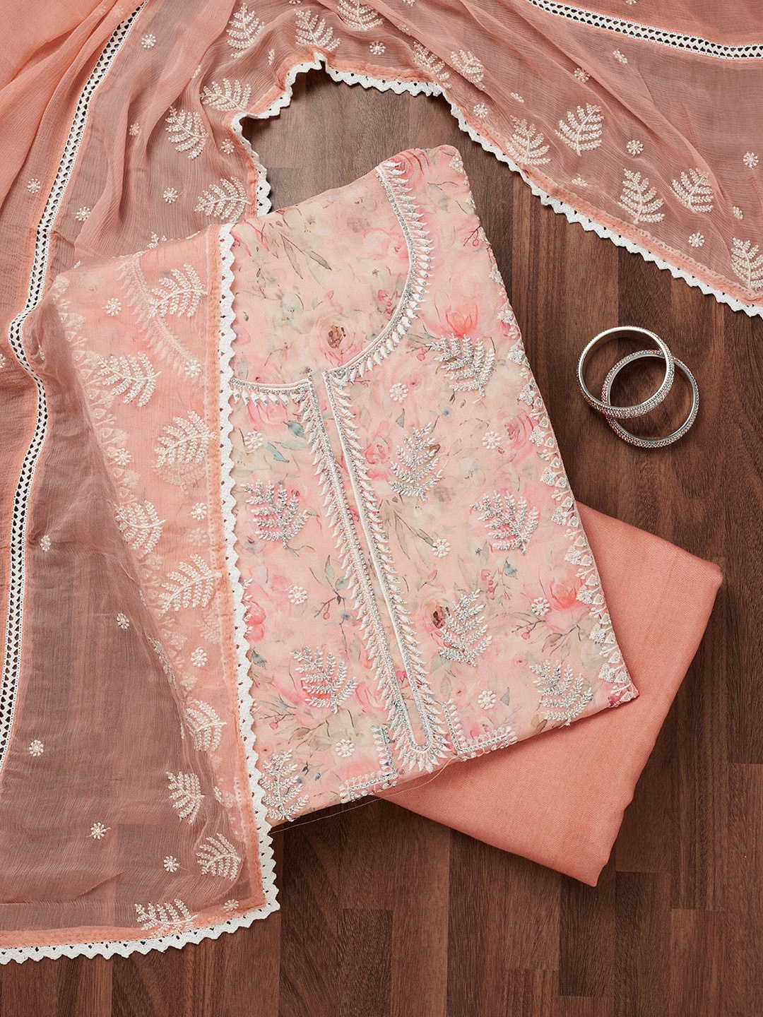 

Koskii Floral Embroidered Beads and Stones Unstitched Dress Material, Peach