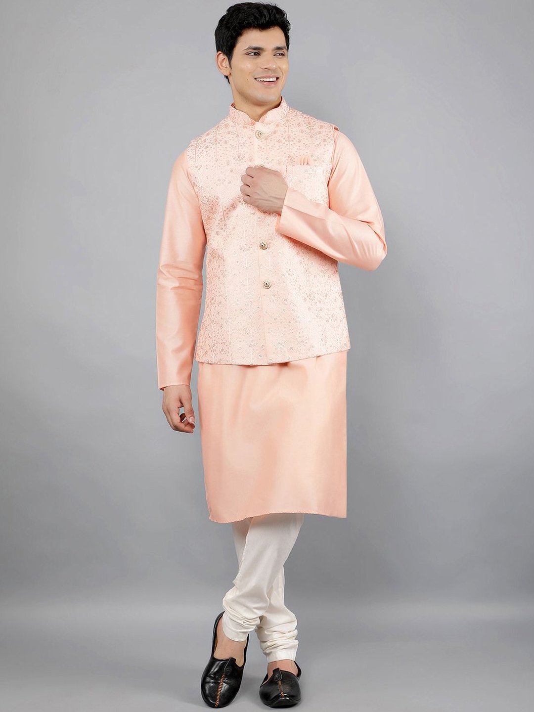 

Manish Creations Mandarin Collar Straight Kurta With Churidar And Nehru Jacket, Peach