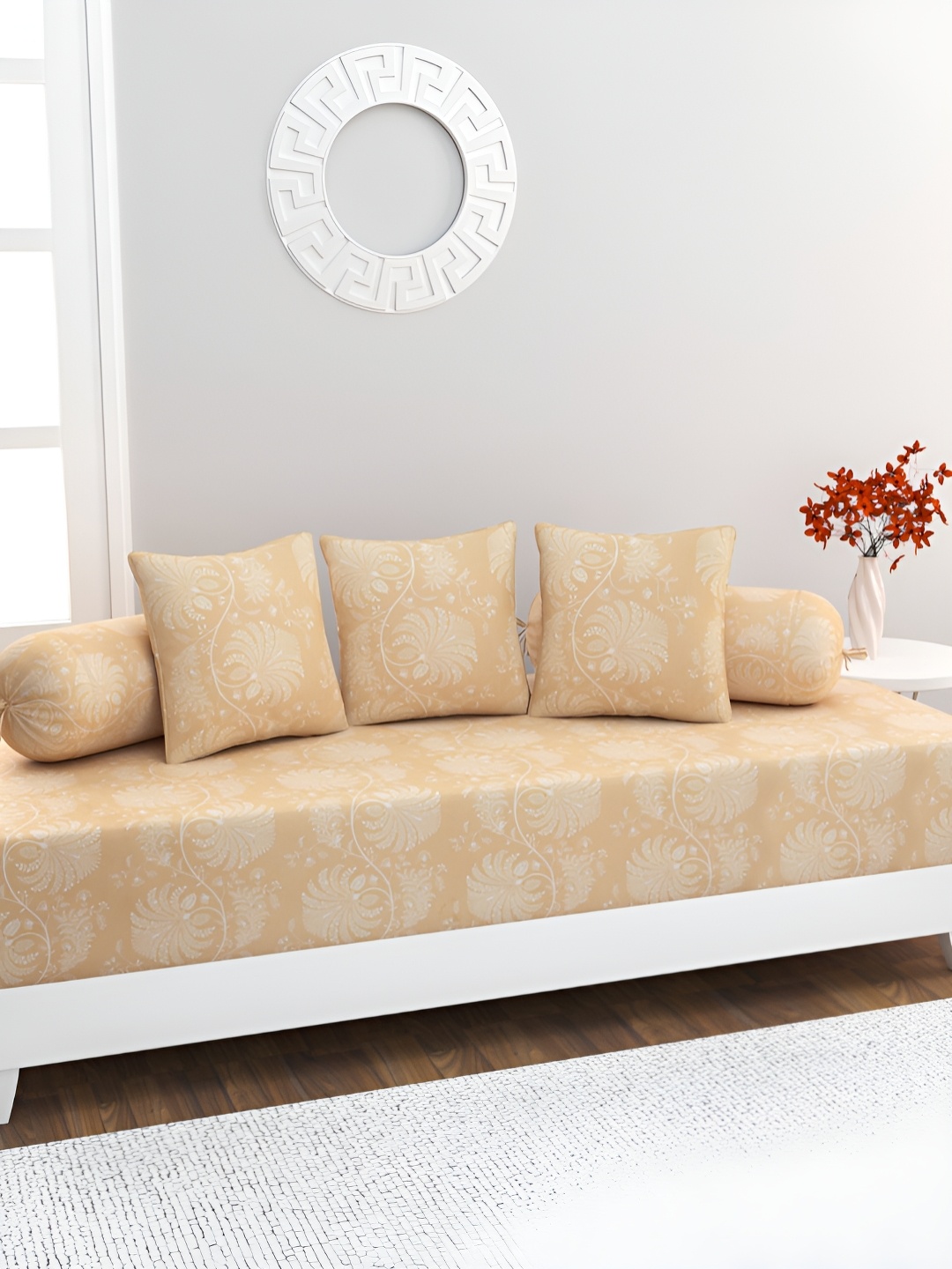 

HOME AFFAIRS Beige & White 6 Pcs Floral Printed Cotton 160 TC Single Diwan Set