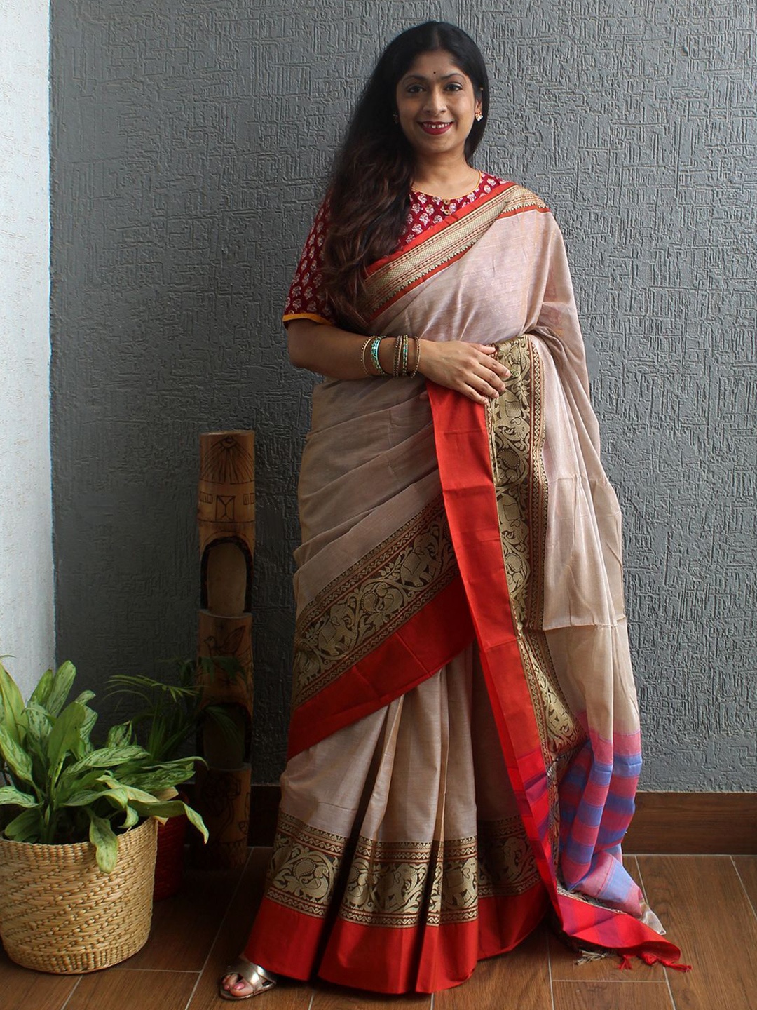 

Weaves of Tradition Pure Cotton Narayan Peth Saree, Beige