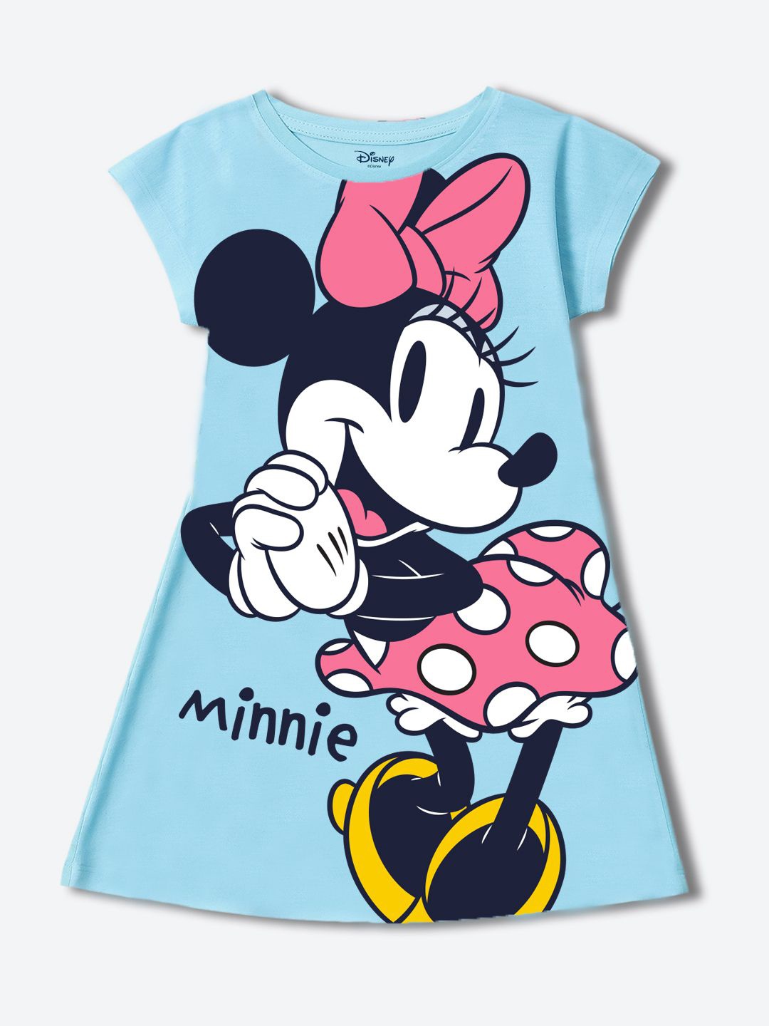 

YK Disney Cartoon Characters Print A-Line Cap Sleeves Round Neck Dress, Blue