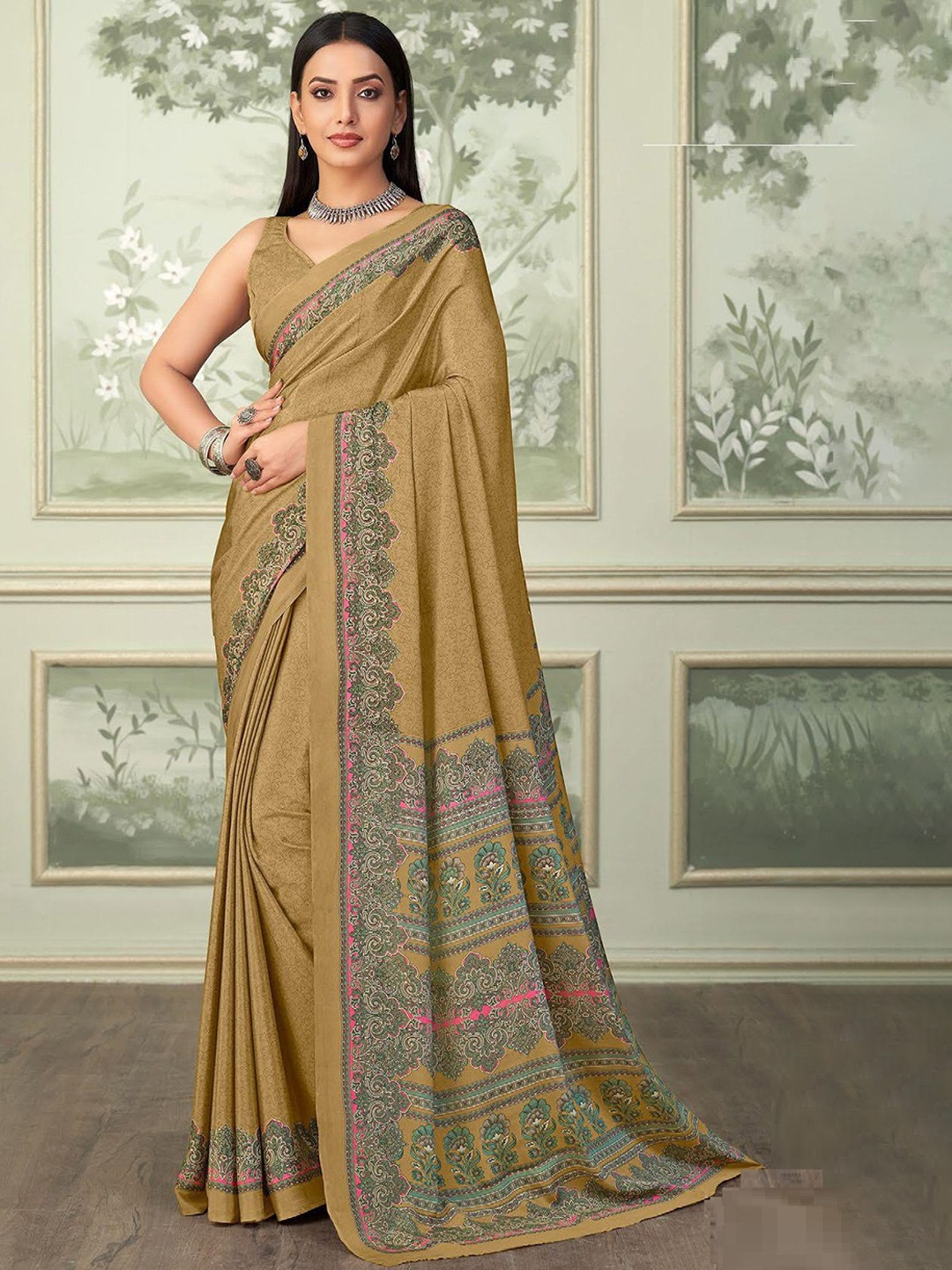 

DURGA EMPORIO Floral Printed Saree, Mustard