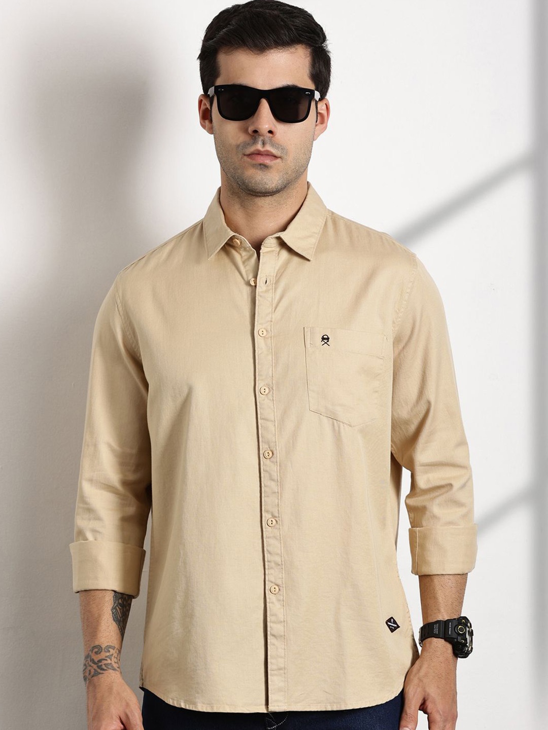 

Thomas Scott Men Standard Slim Fit Spread Collar Solid Cotton Casual Shirt, Beige