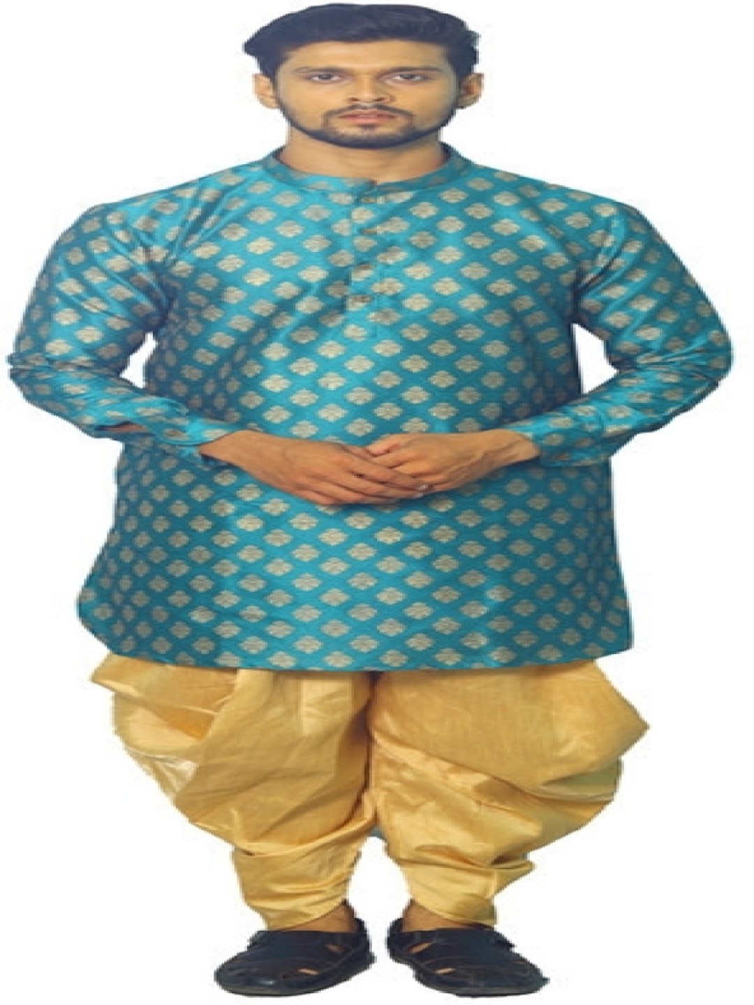 

House of Aqss Woven Design Mandarin Collar Dupion Silk Straight Kurta With Dhoti Pants, Blue