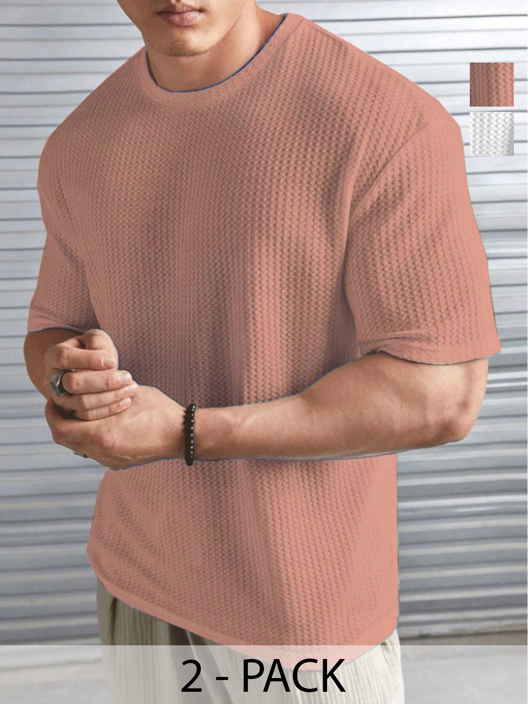 

HUSHBUCKS Men Pack Of 2 Self Design Round Neck T-shirts, Peach