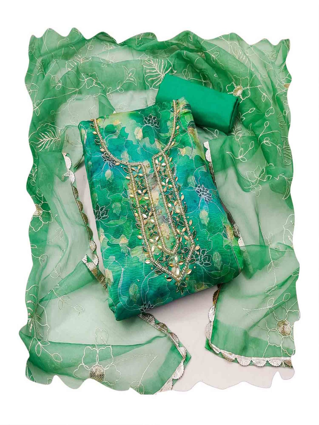 

NEGRONI Floral Printed Beads And Stones Organza Unstitched Dress Material, Green