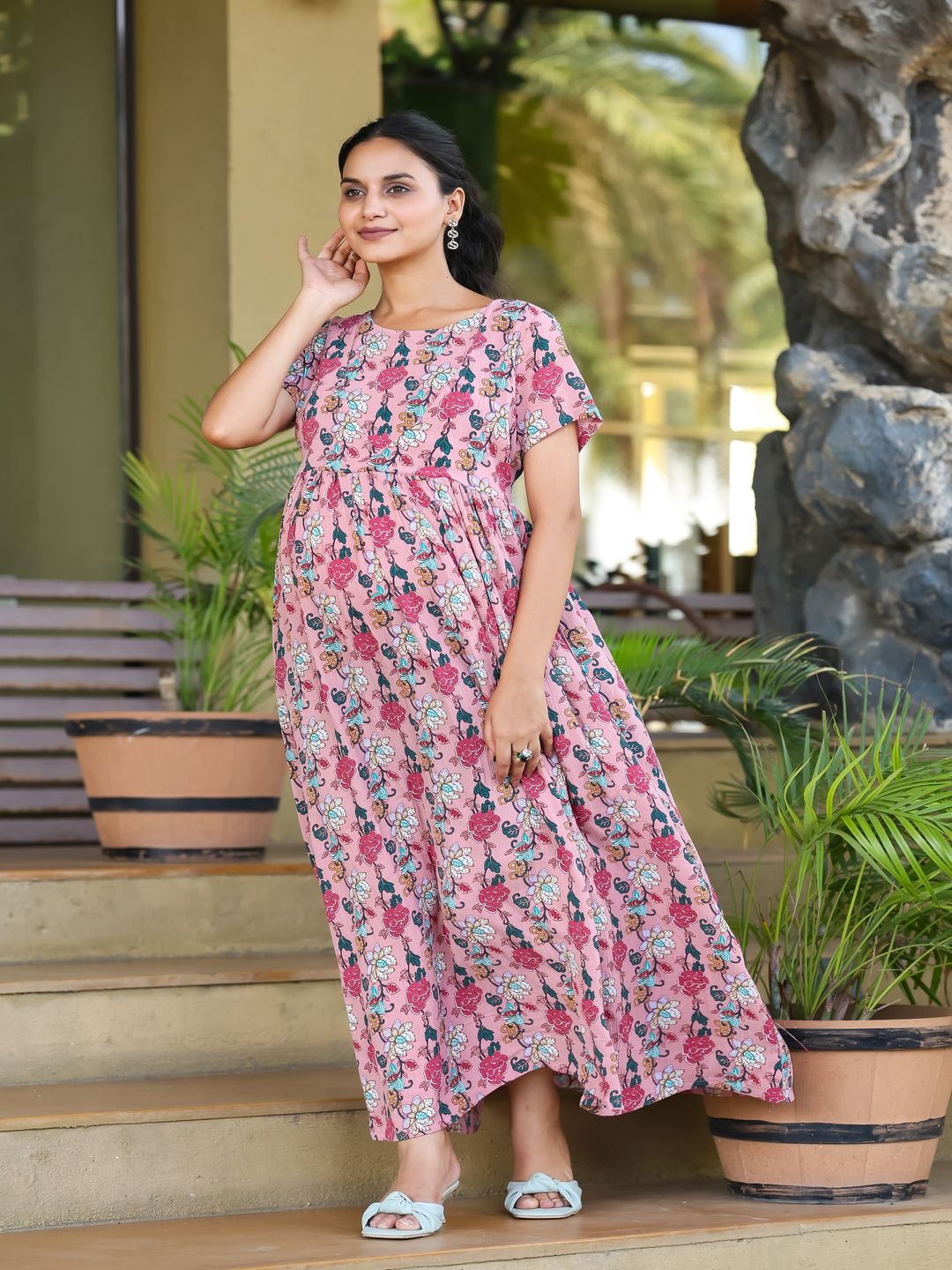 

SWEET MOON Floral Printed Round Neck Fit and Flare Maternity Maxi Dress, Pink